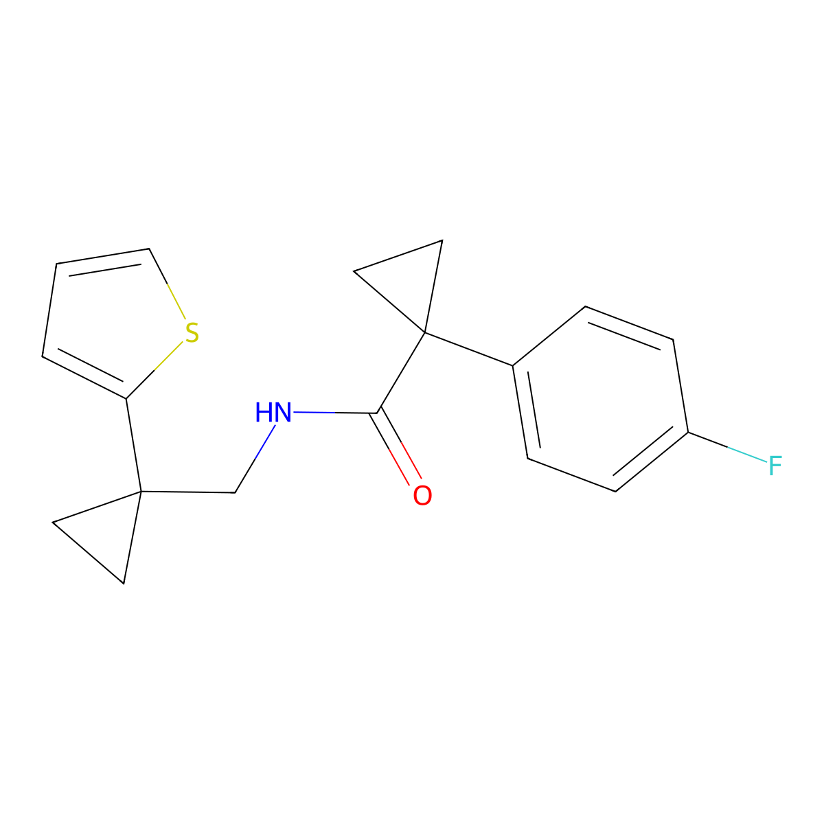 1-(4-fluorophenyl)-N-((1-(thiophen-2-yl)cyclopropyl)methyl)cyclopropanecarboxamide molecular structure, CAS 1324142-80-4