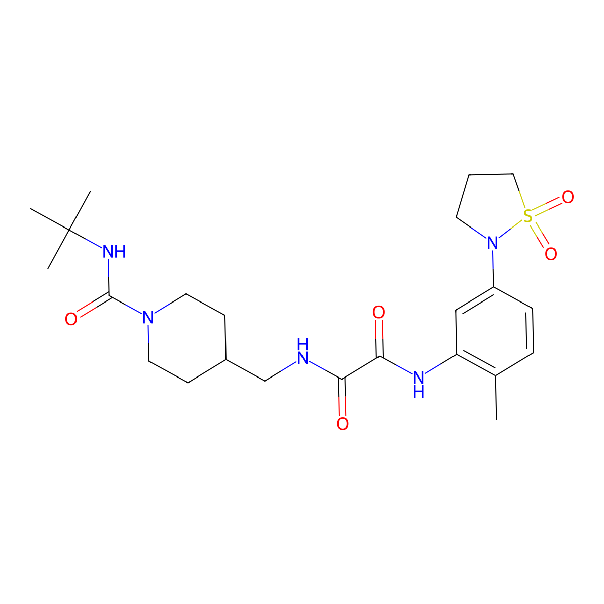 N1-((1-(tert-butylcarbamoyl)piperidin-4-yl)methyl)-N2-(5-(1,1-dioxidoisothiazolidin-2-yl)-2-methylphenyl)oxalamide molecular structure, CAS 1324143-52-3
