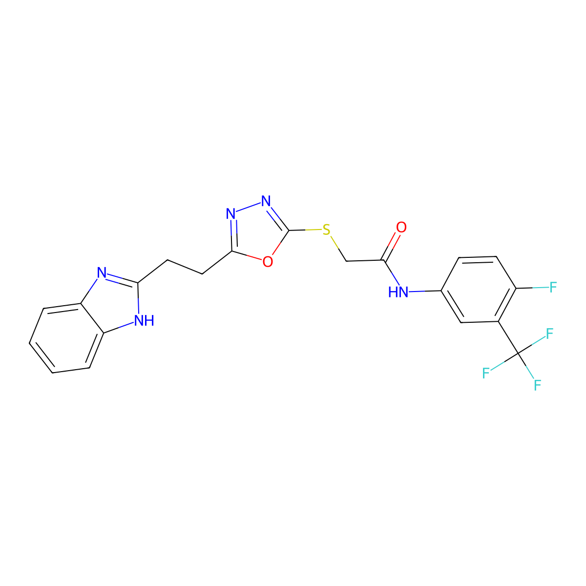 2-({5-[2-(1H-1,3-benzodiazol-2-yl)ethyl]-1,3,4-oxadiazol-2-yl}sulfanyl)-N-[4-fluoro-3-(trifluoromethyl)phenyl]acetamide molecular structure, CAS 1324187-31-6