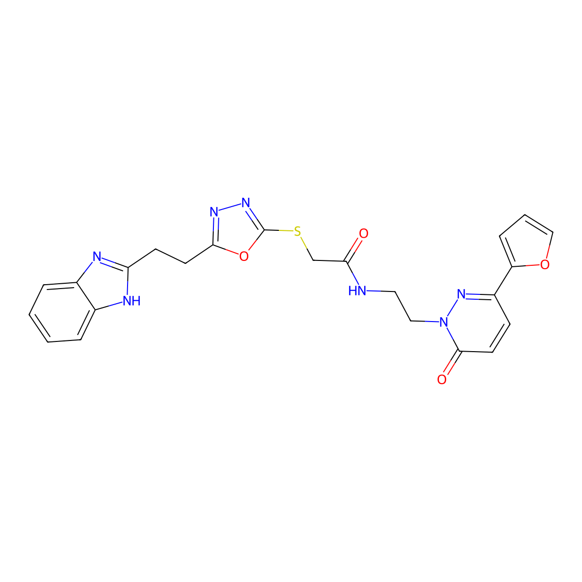 2-((5-(2-(1H-benzo[d]imidazol-2-yl)ethyl)-1,3,4-oxadiazol-2-yl)thio)-N-(2-(3-(furan-2-yl)-6-oxopyridazin-1(6H)-yl)ethyl)acetamide molecular structure, CAS 1324187-36-1