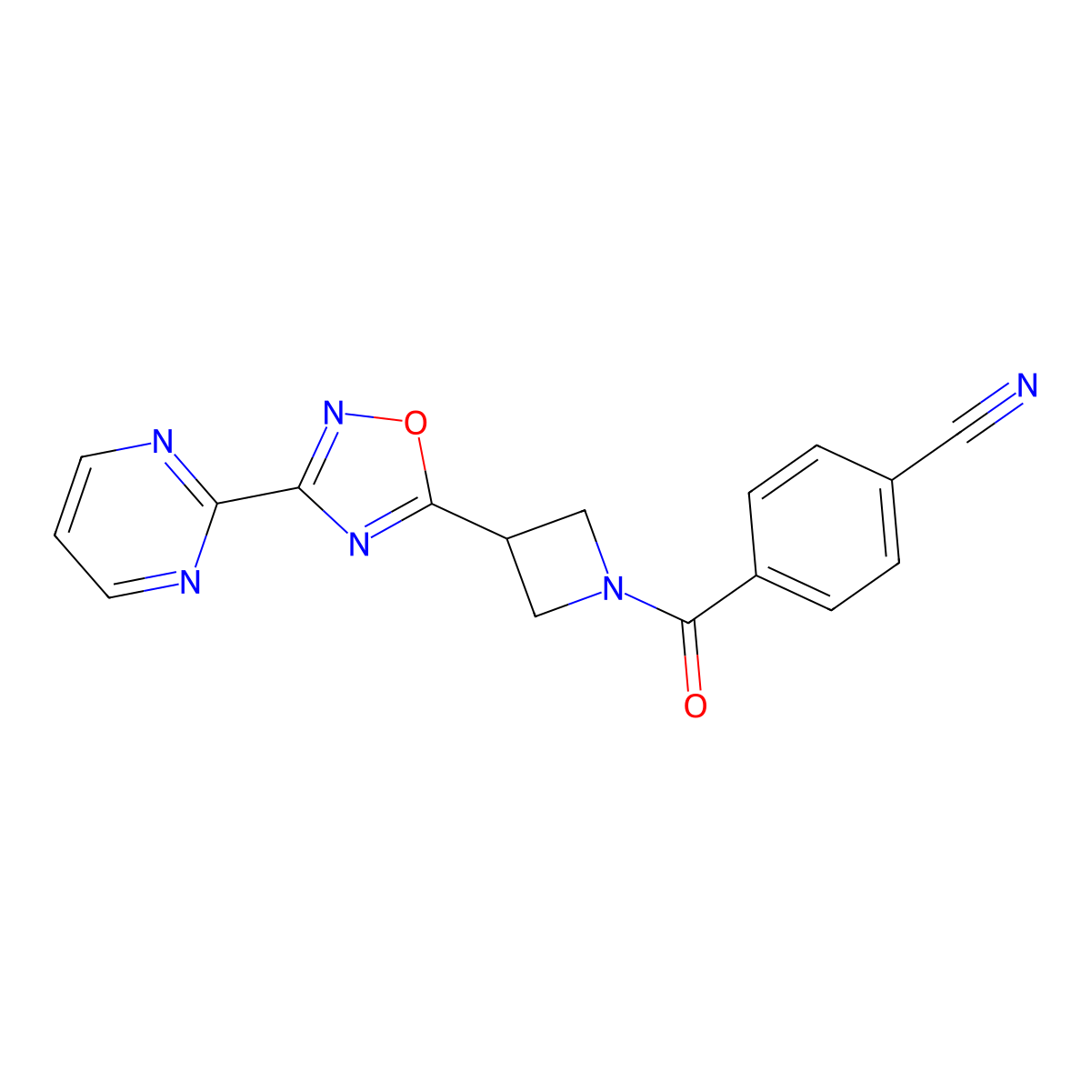 4-(3-(3-(Pyrimidin-2-yl)-1,2,4-oxadiazol-5-yl)azetidine-1-carbonyl)benzonitrile molecular structure, CAS 1324189-40-3