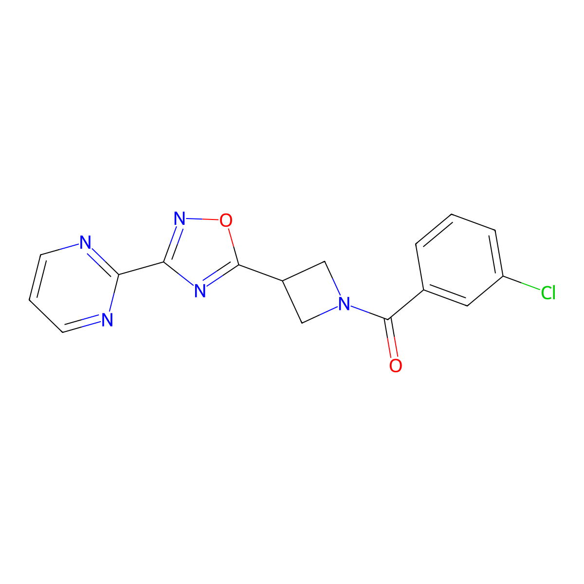 (3-Chlorophenyl)(3-(3-(pyrimidin-2-yl)-1,2,4-oxadiazol-5-yl)azetidin-1-yl)methanone molecular structure, CAS 1324189-44-7
