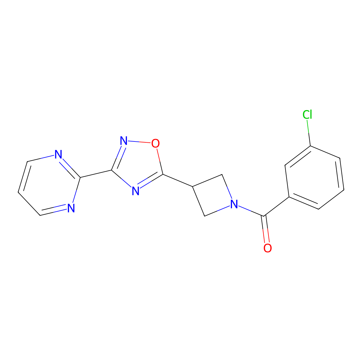 (3-Chlorophenyl)(3-(3-(pyrimidin-2-yl)-1,2,4-oxadiazol-5-yl)azetidin-1-yl)methanone molecular structure, CAS 1324189-44-7