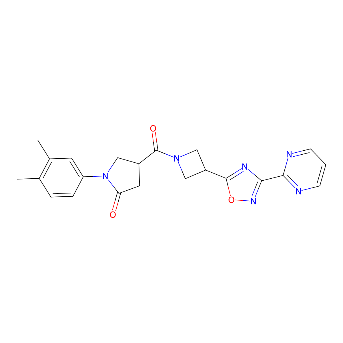 1-(3,4-Dimethylphenyl)-4-{3-[3-(pyrimidin-2-yl)-1,2,4-oxadiazol-5-yl]azetidine-1-carbonyl}pyrrolidin-2-one molecular structure, CAS 1324189-49-2