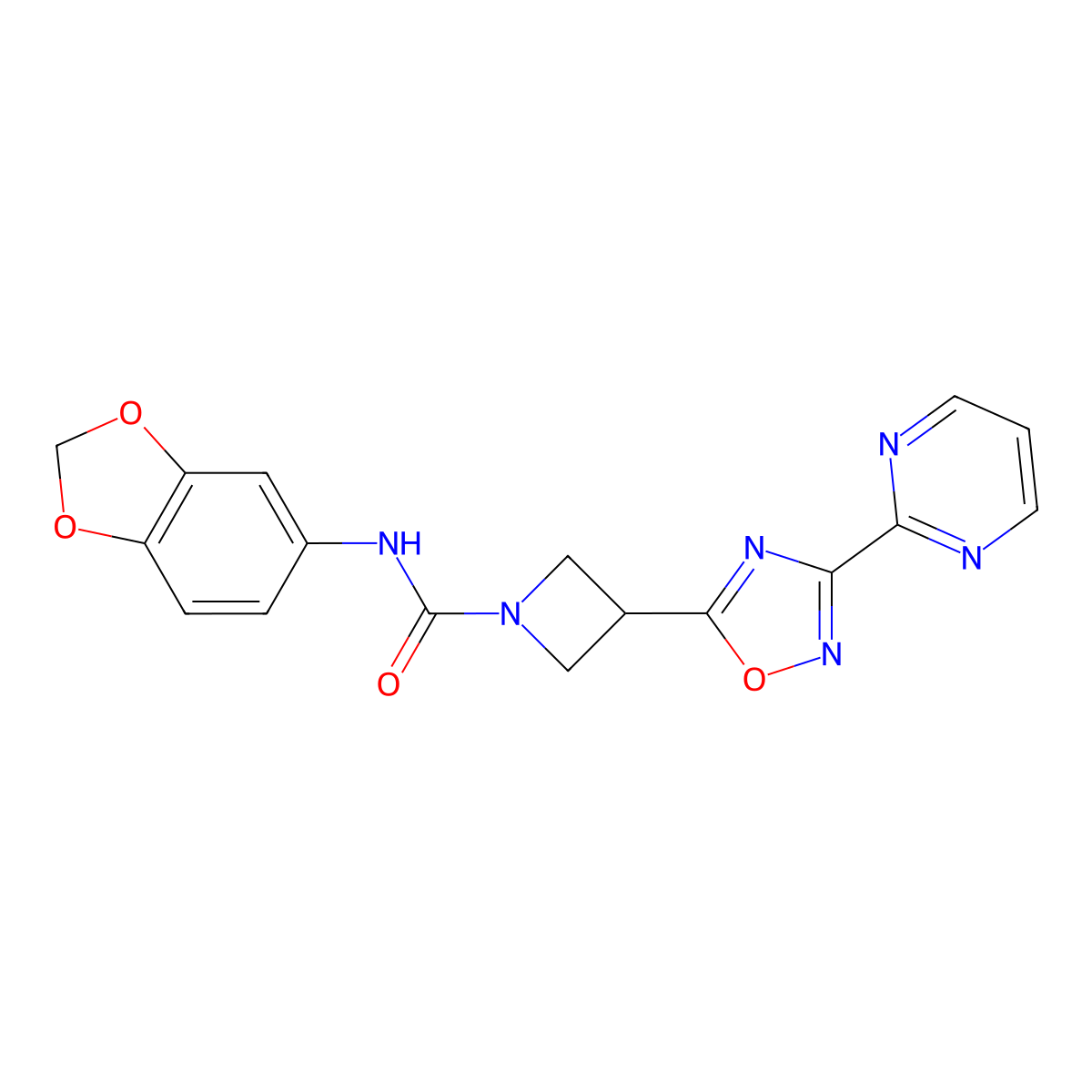 N-(benzo[d][1,3]dioxol-5-yl)-3-(3-(pyrimidin-2-yl)-1,2,4-oxadiazol-5-yl)azetidine-1-carboxamide molecular structure, CAS 1324189-63-0
