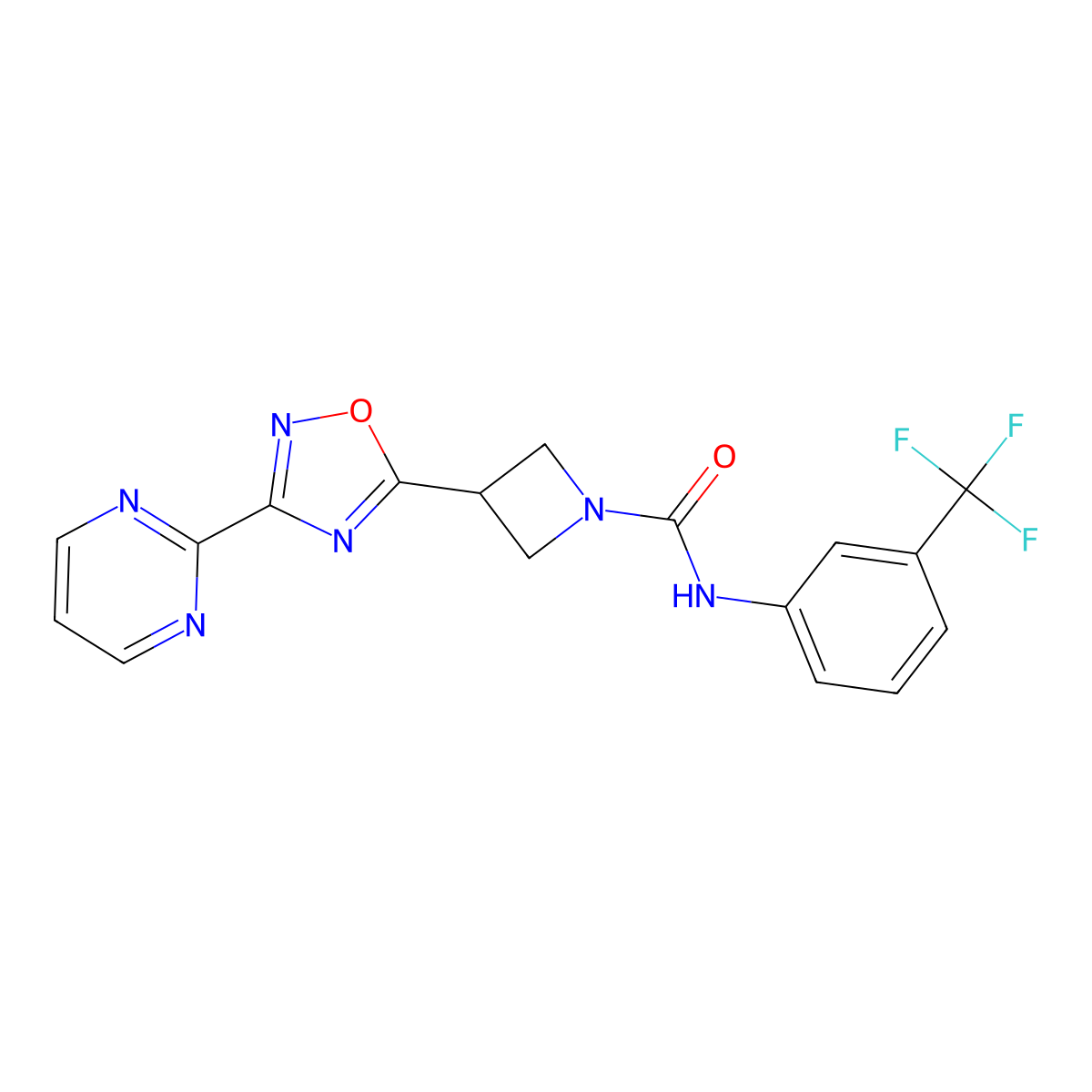 3-[3-(pyrimidin-2-yl)-1,2,4-oxadiazol-5-yl]-N-[3-(trifluoromethyl)phenyl]azetidine-1-carboxamide molecular structure, CAS 1324189-64-1