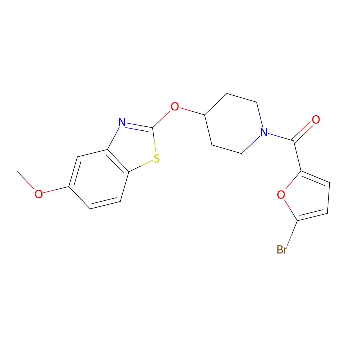 (5-Bromofuran-2-yl)(4-((5-methoxybenzo[d]thiazol-2-yl)oxy)piperidin-1-yl)methanone molecular structure, CAS 1324297-29-1