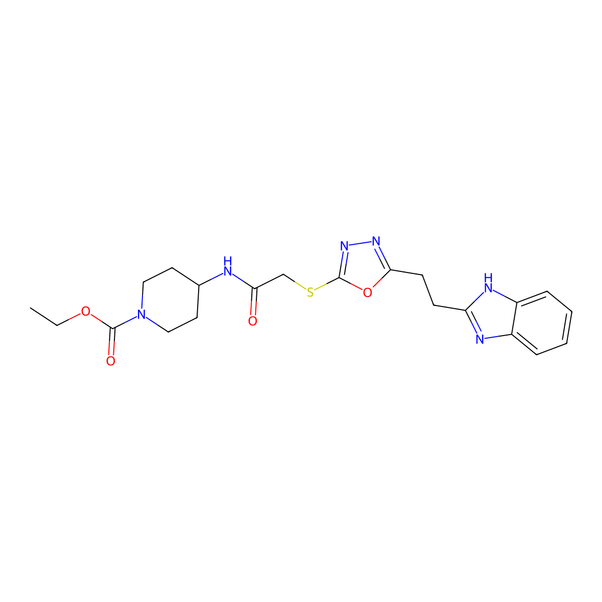 ethyl 4-(2-((5-(2-(1H-benzo[d]imidazol-2-yl)ethyl)-1,3,4-oxadiazol-2-yl)thio)acetamido)piperidine-1-carboxylate molecular structure, CAS 1324332-07-1