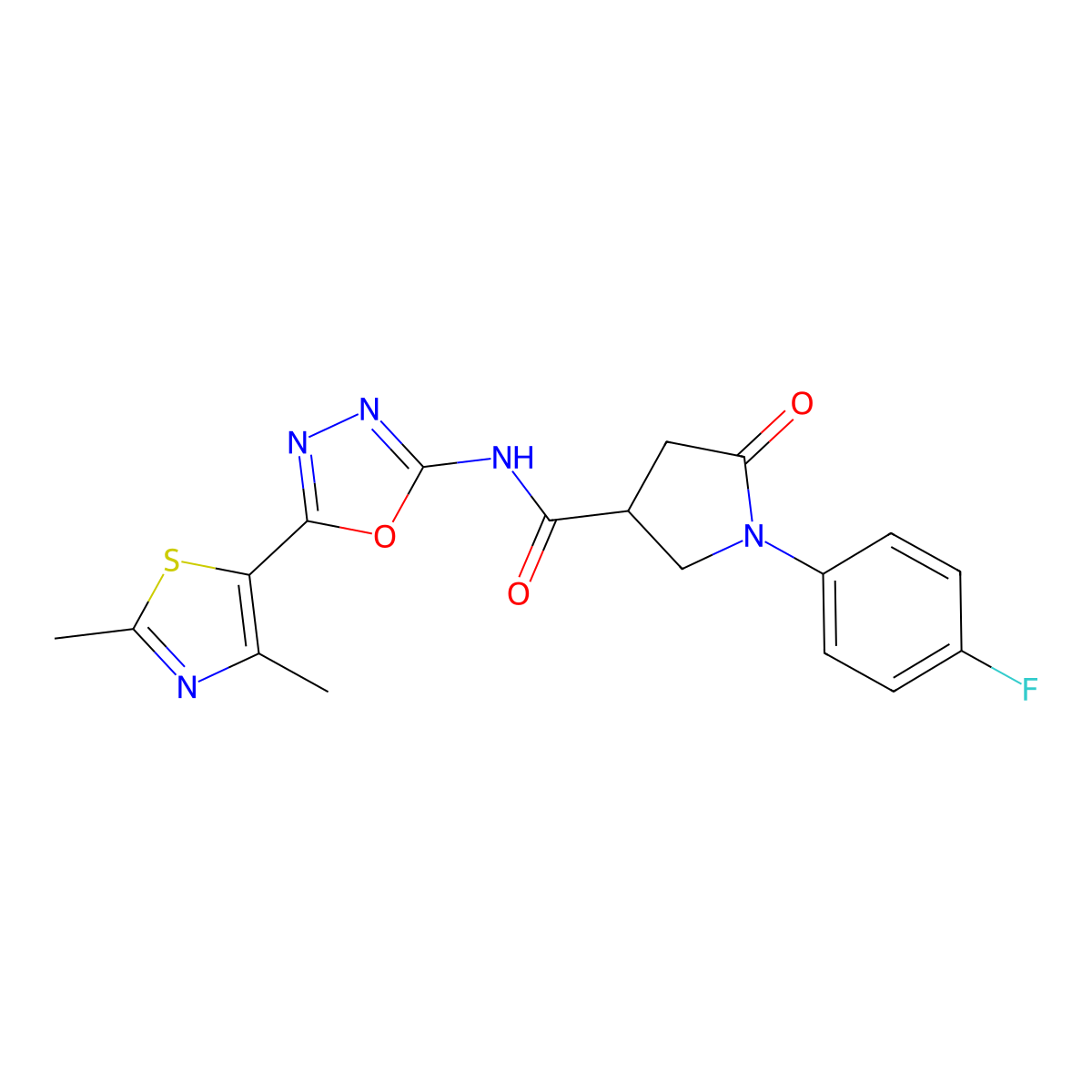N-(5-(2,4-dimethylthiazol-5-yl)-1,3,4-oxadiazol-2-yl)-1-(4-fluorophenyl)-5-oxopyrrolidine-3-carboxamide molecular structure, CAS 1324466-03-6
