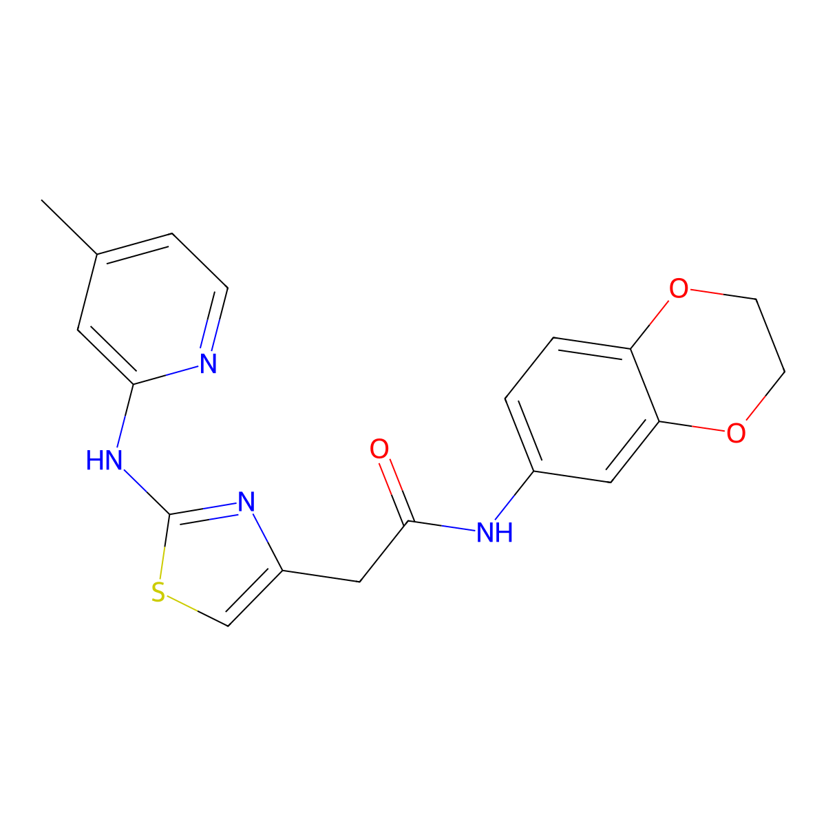N-(2,3-dihydrobenzo[b][1,4]dioxin-6-yl)-2-(2-((4-methylpyridin-2-yl)amino)thiazol-4-yl)acetamide molecular structure, CAS 1324466-74-1
