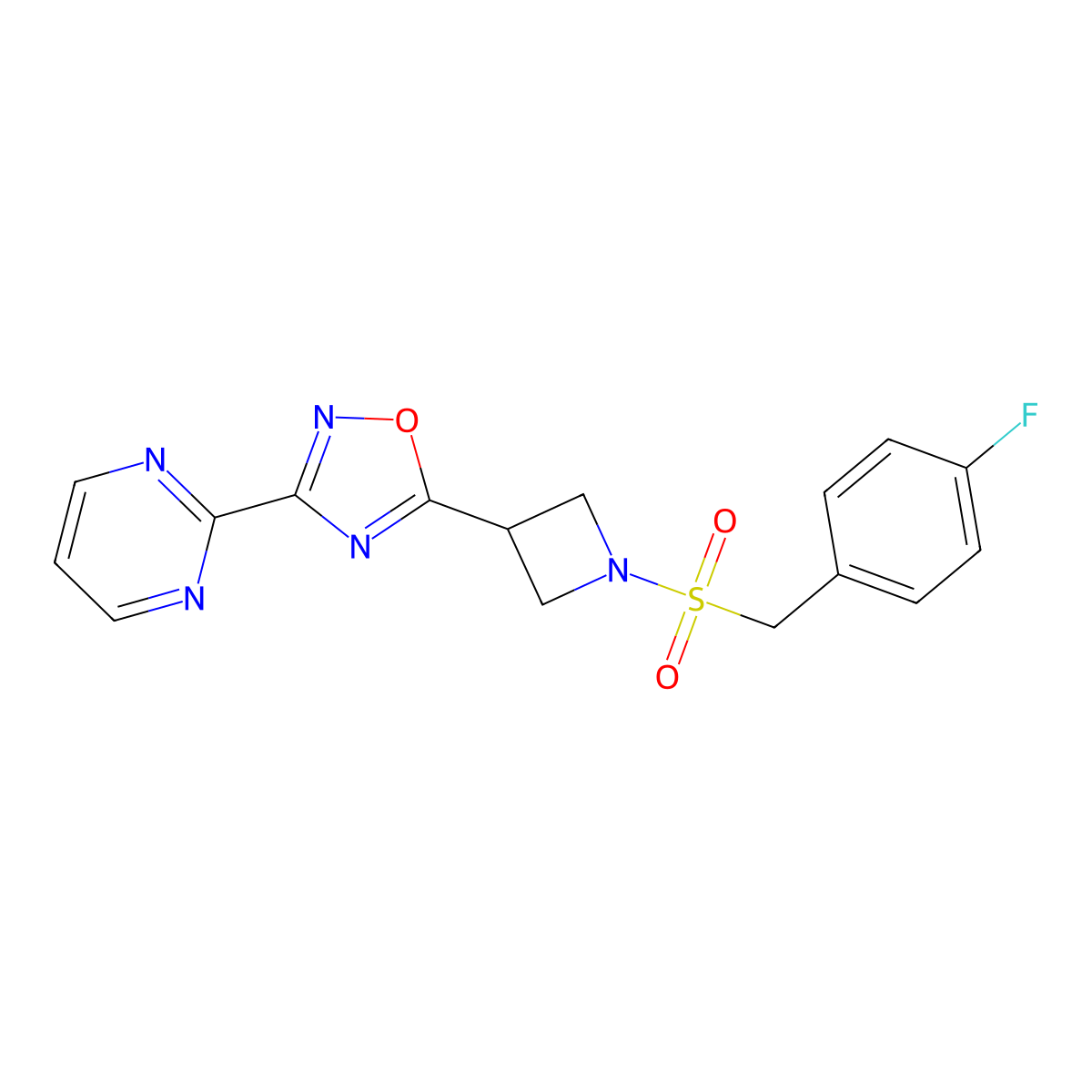5-(1-((4-Fluorobenzyl)sulfonyl)azetidin-3-yl)-3-(pyrimidin-2-yl)-1,2,4-oxadiazole molecular structure, CAS 1324506-28-6