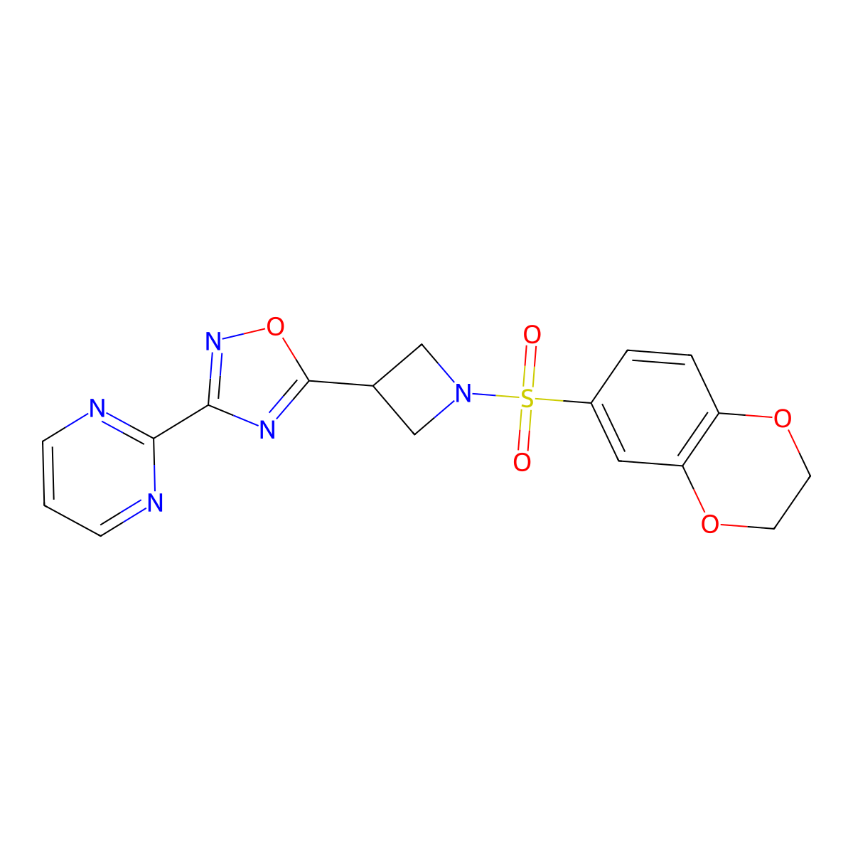 5-(1-((2,3-Dihydrobenzo[b][1,4]dioxin-6-yl)sulfonyl)azetidin-3-yl)-3-(pyrimidin-2-yl)-1,2,4-oxadiazole molecular structure, CAS 1324506-45-7