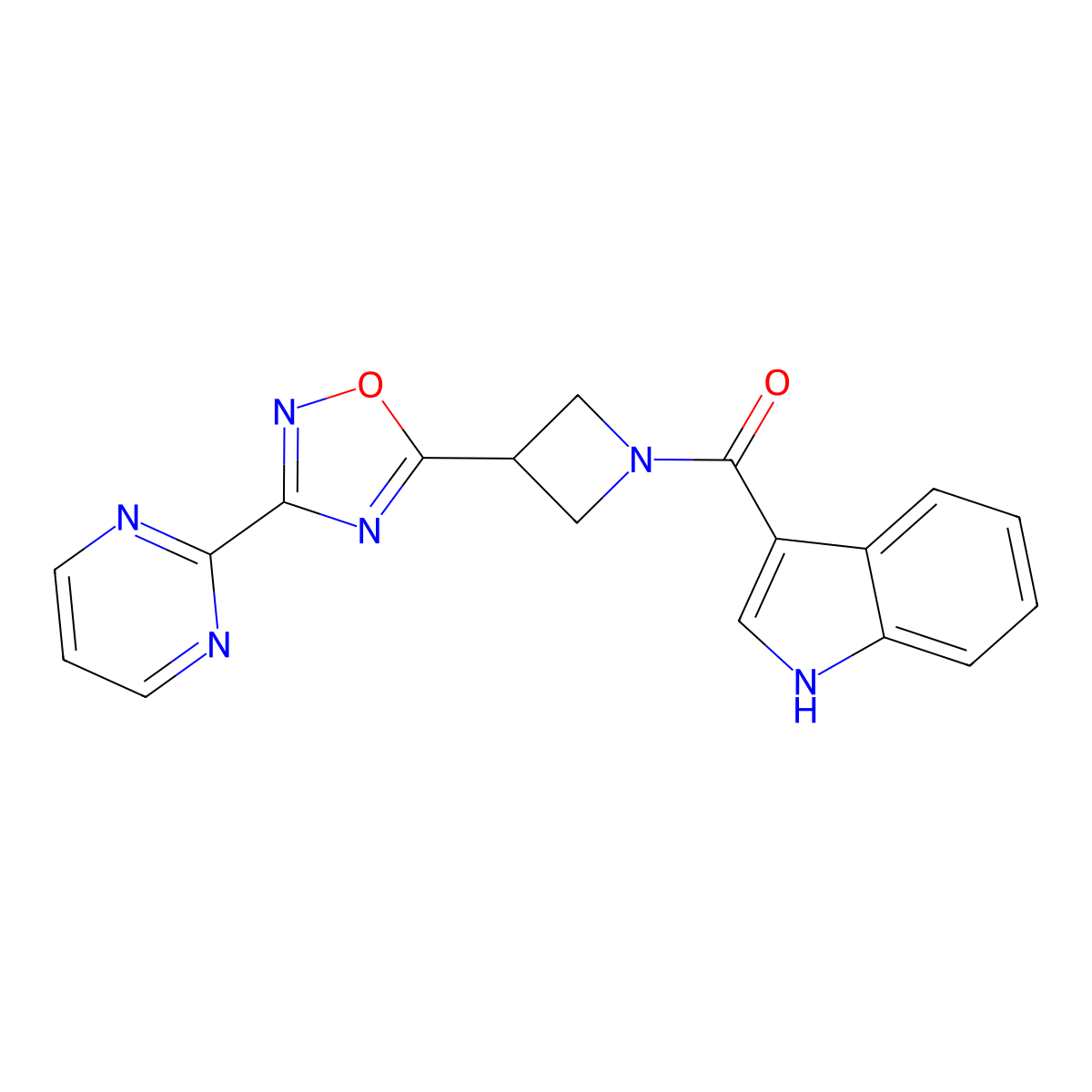 3-{3-[3-(pyrimidin-2-yl)-1,2,4-oxadiazol-5-yl]azetidine-1-carbonyl}-1H-indole molecular structure, CAS 1324506-50-4