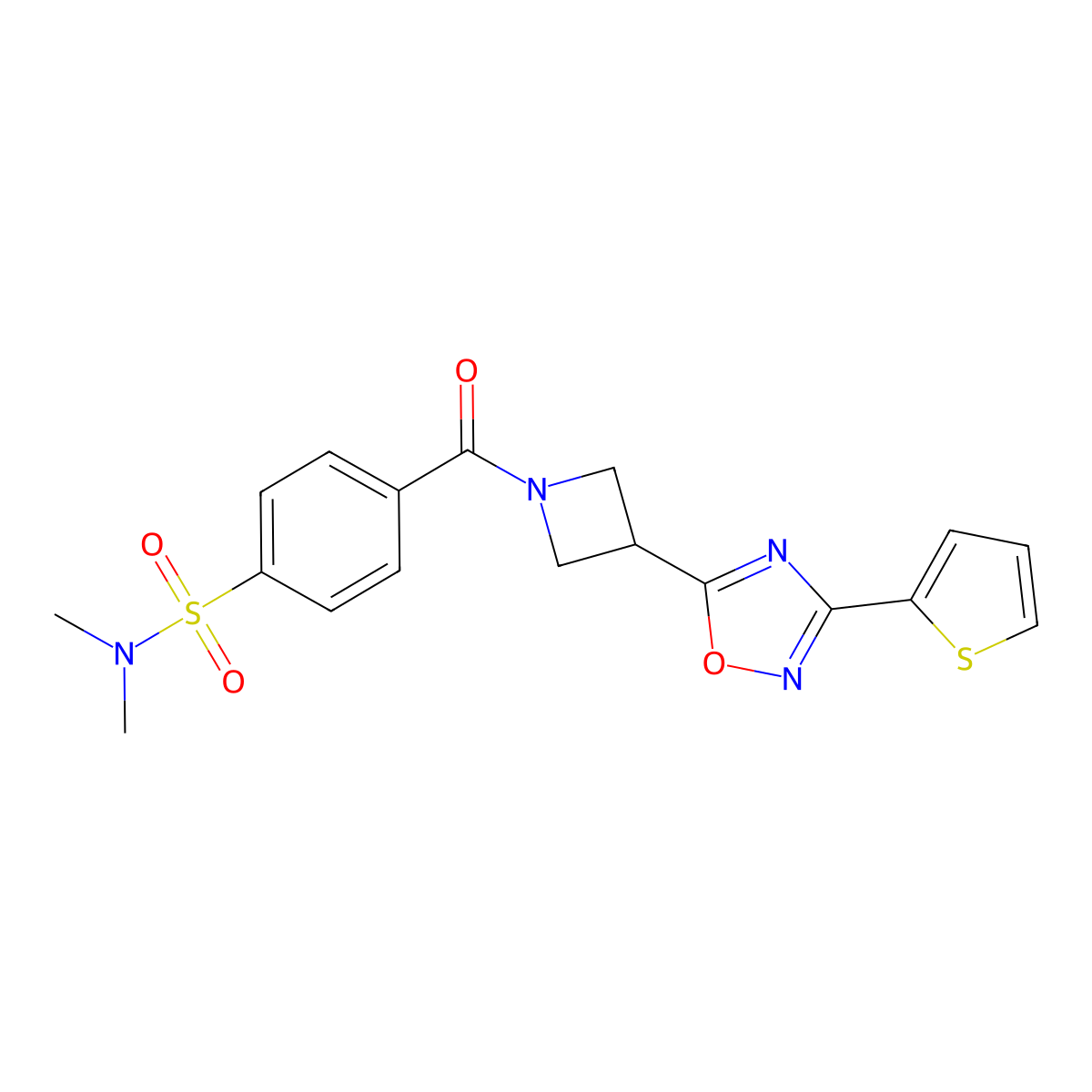 N,N-dimethyl-4-(3-(3-(thiophen-2-yl)-1,2,4-oxadiazol-5-yl)azetidine-1-carbonyl)benzenesulfonamide molecular structure, CAS 1324507-07-4