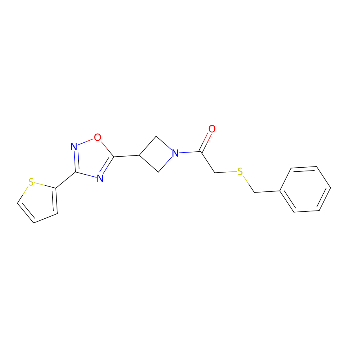 2-(Benzylthio)-1-(3-(3-(thiophen-2-yl)-1,2,4-oxadiazol-5-yl)azetidin-1-yl)ethanone molecular structure, CAS 1324507-08-5