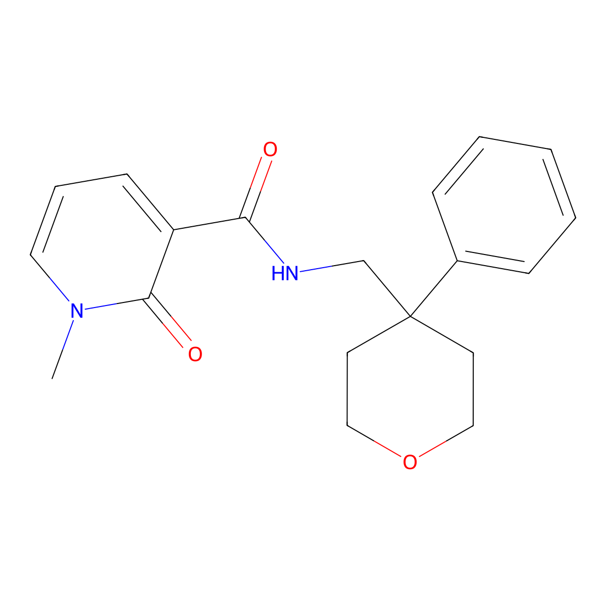 1-methyl-2-oxo-N-((4-phenyltetrahydro-2H-pyran-4-yl)methyl)-1,2-dihydropyridine-3-carboxamide molecular structure, CAS 1324547-59-2