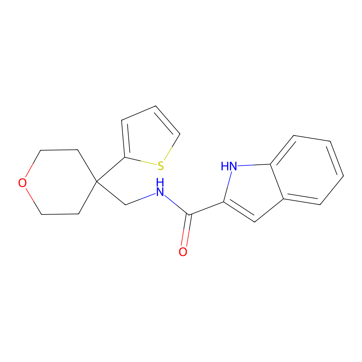 N-((4-(thiophen-2-yl)tetrahydro-2H-pyran-4-yl)methyl)-1H-indole-2-carboxamide molecular structure, CAS 1324548-26-6