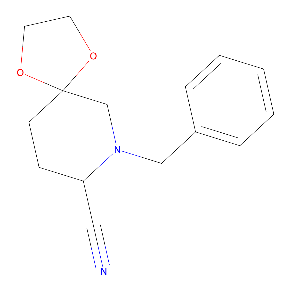 7-Benzyl-1,4-dioxa-7-azaspiro[4.5]decane-8-carbonitrile molecular structure, CAS 132462-23-8