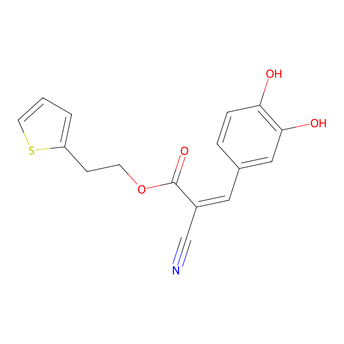 2-thiophen-2-ylethyl (E)-2-cyano-3-(3,4-dihydroxyphenyl)prop-2-enoate molecular structure, CAS 132465-10-2