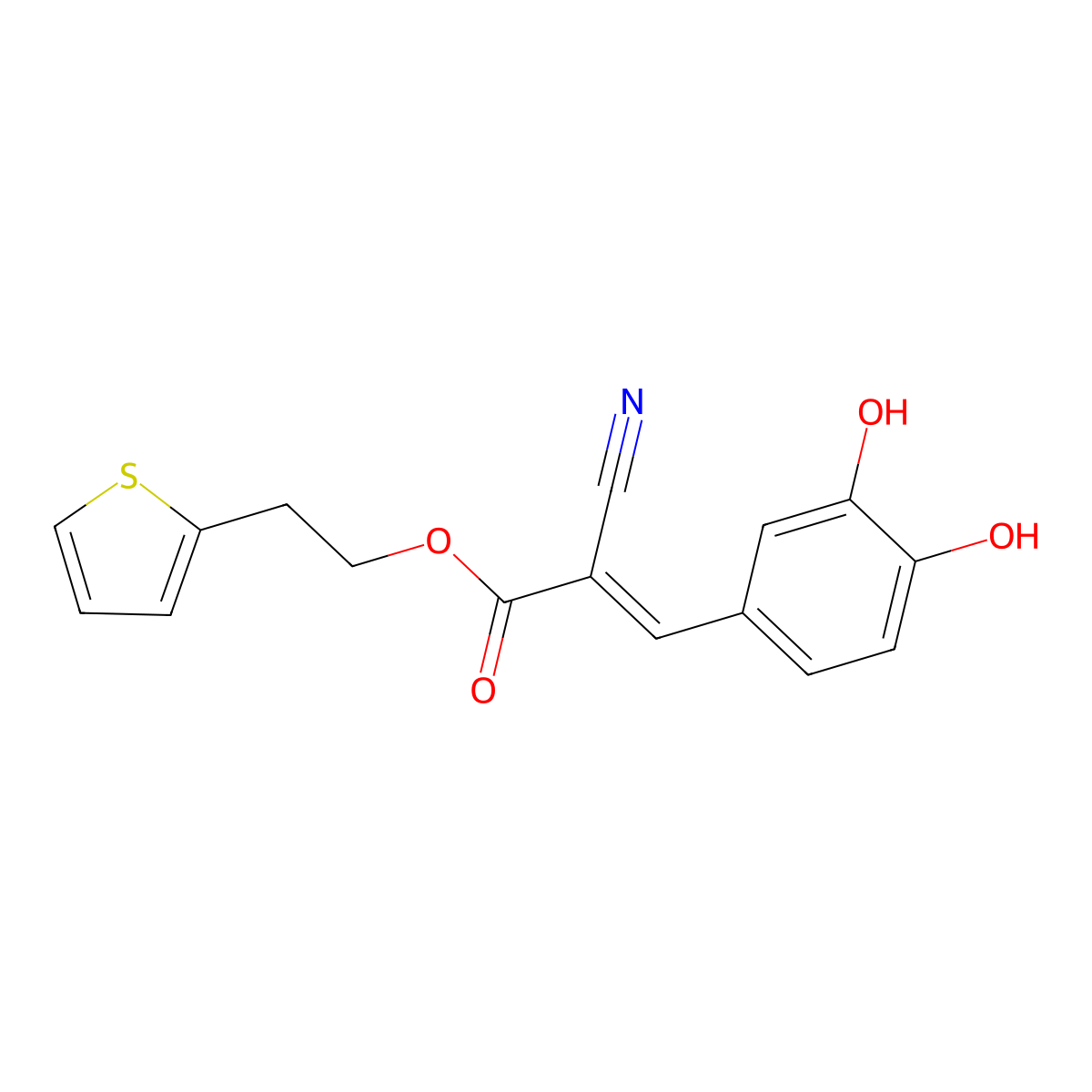 2-thiophen-2-ylethyl (E)-2-cyano-3-(3,4-dihydroxyphenyl)prop-2-enoate molecular structure, CAS 132465-10-2