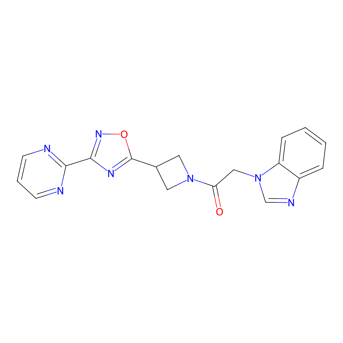 2-(1H-benzo[d]imidazol-1-yl)-1-(3-(3-(pyrimidin-2-yl)-1,2,4-oxadiazol-5-yl)azetidin-1-yl)ethanone molecular structure, CAS 1324661-58-6