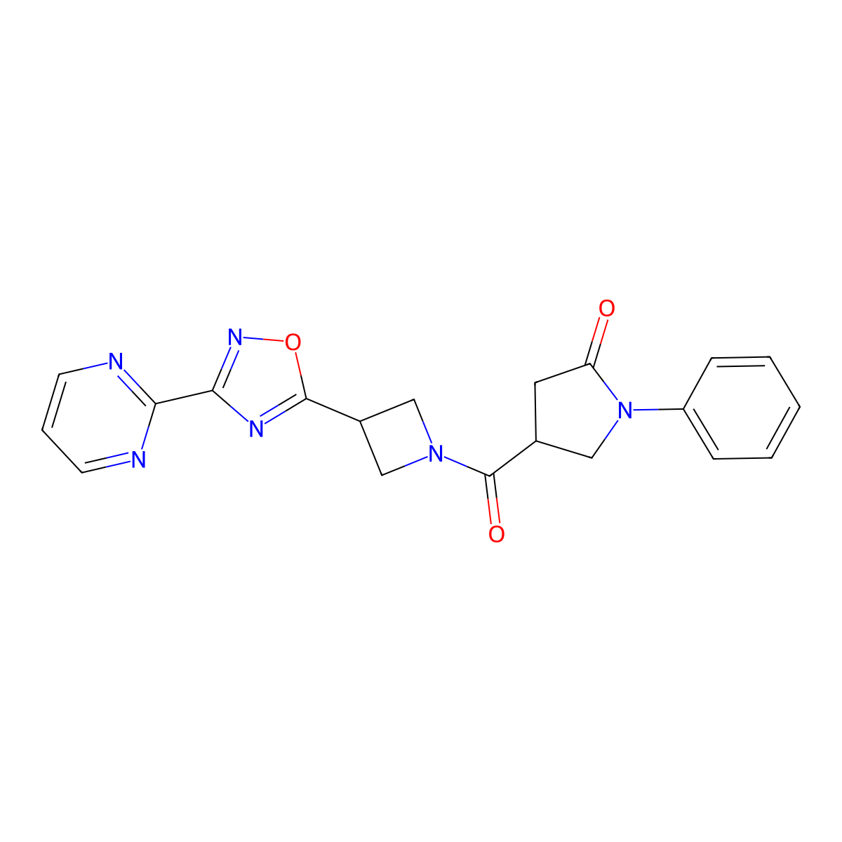 1-Phenyl-4-(3-(3-(pyrimidin-2-yl)-1,2,4-oxadiazol-5-yl)azetidine-1-carbonyl)pyrrolidin-2-one molecular structure, CAS 1324661-66-6