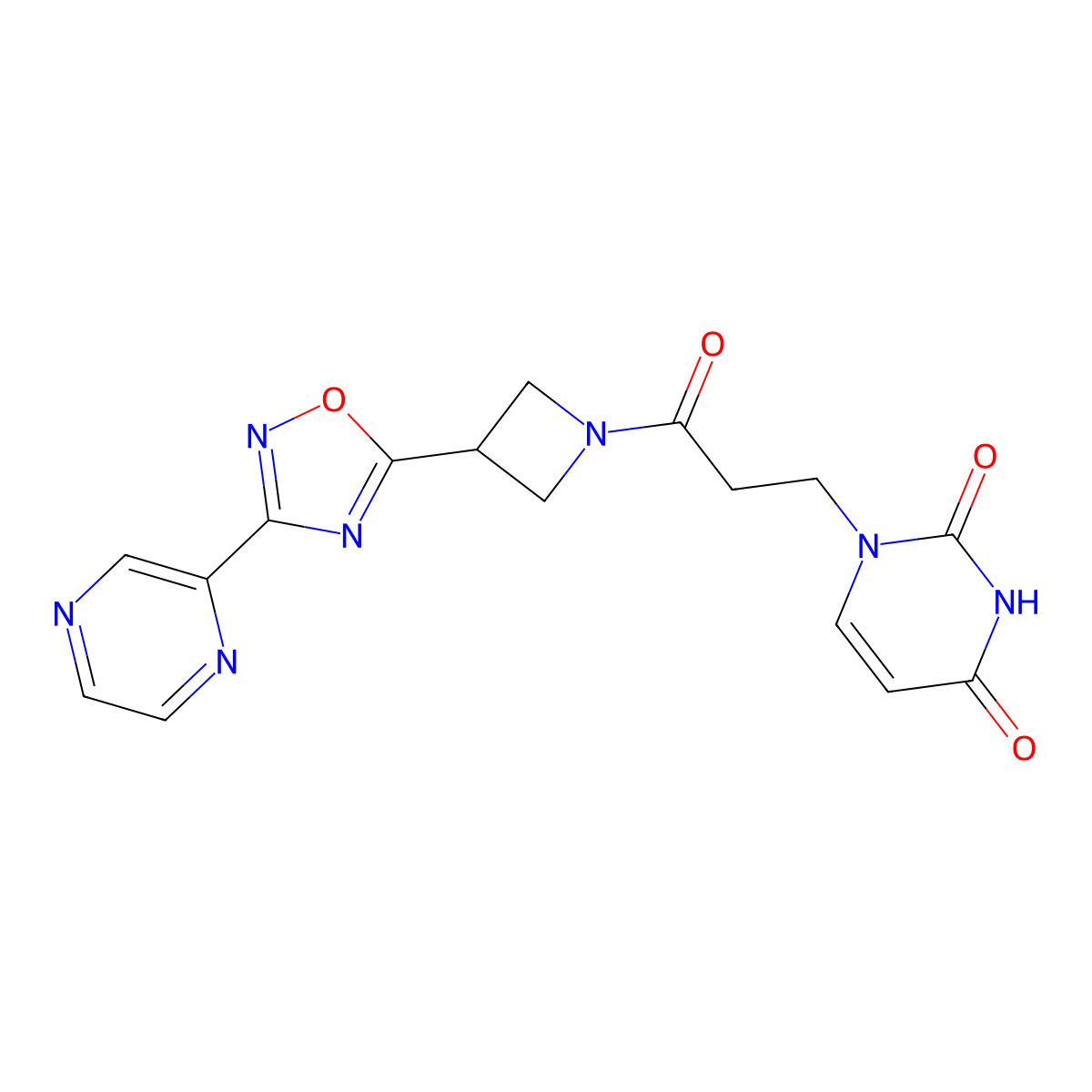1-(3-oxo-3-(3-(3-(pyrazin-2-yl)-1,2,4-oxadiazol-5-yl)azetidin-1-yl)propyl)pyrimidine-2,4(1H,3H)-dione molecular structure, CAS 1324674-11-4