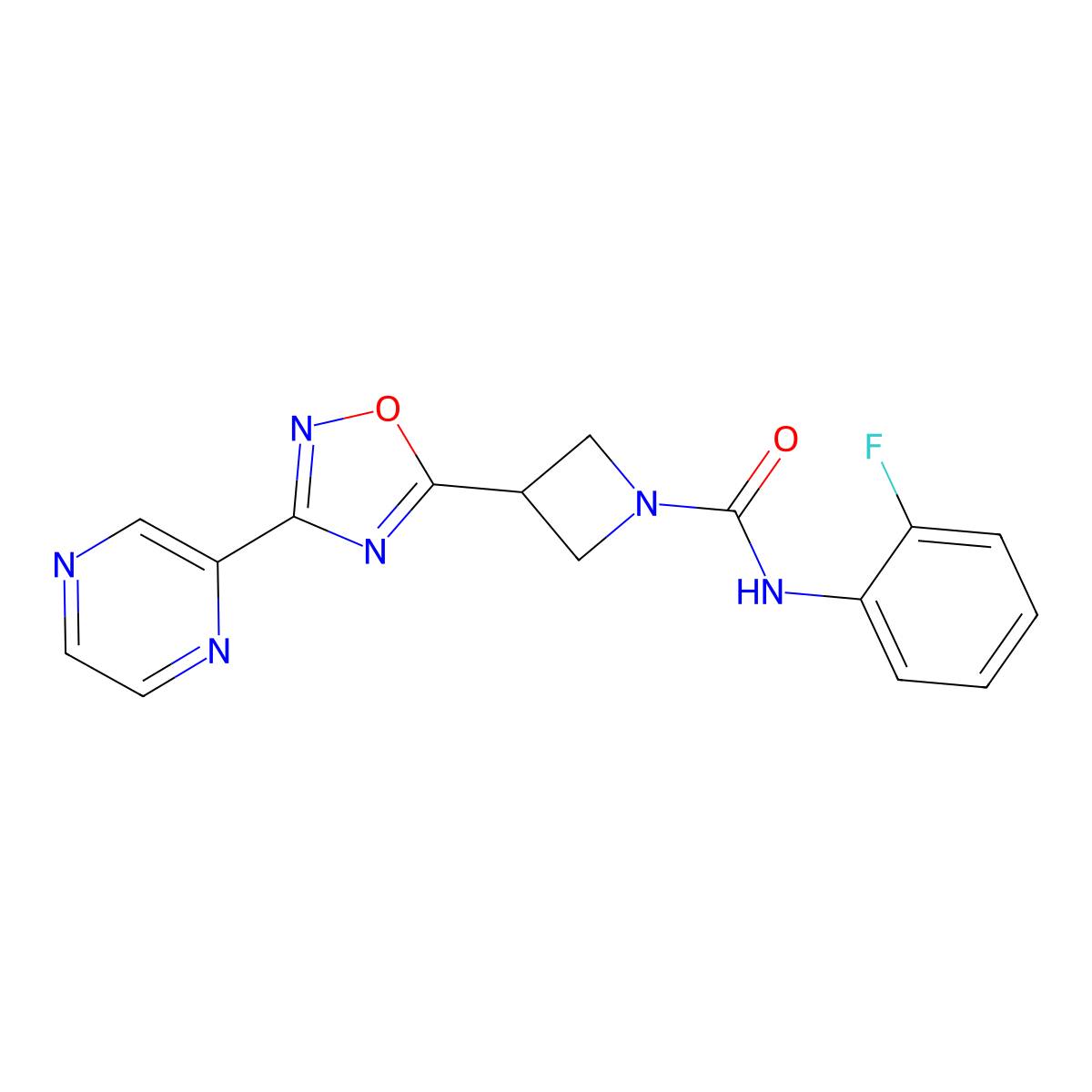 N-(2-fluorophenyl)-3-(3-(pyrazin-2-yl)-1,2,4-oxadiazol-5-yl)azetidine-1-carboxamide molecular structure, CAS 1324674-59-0