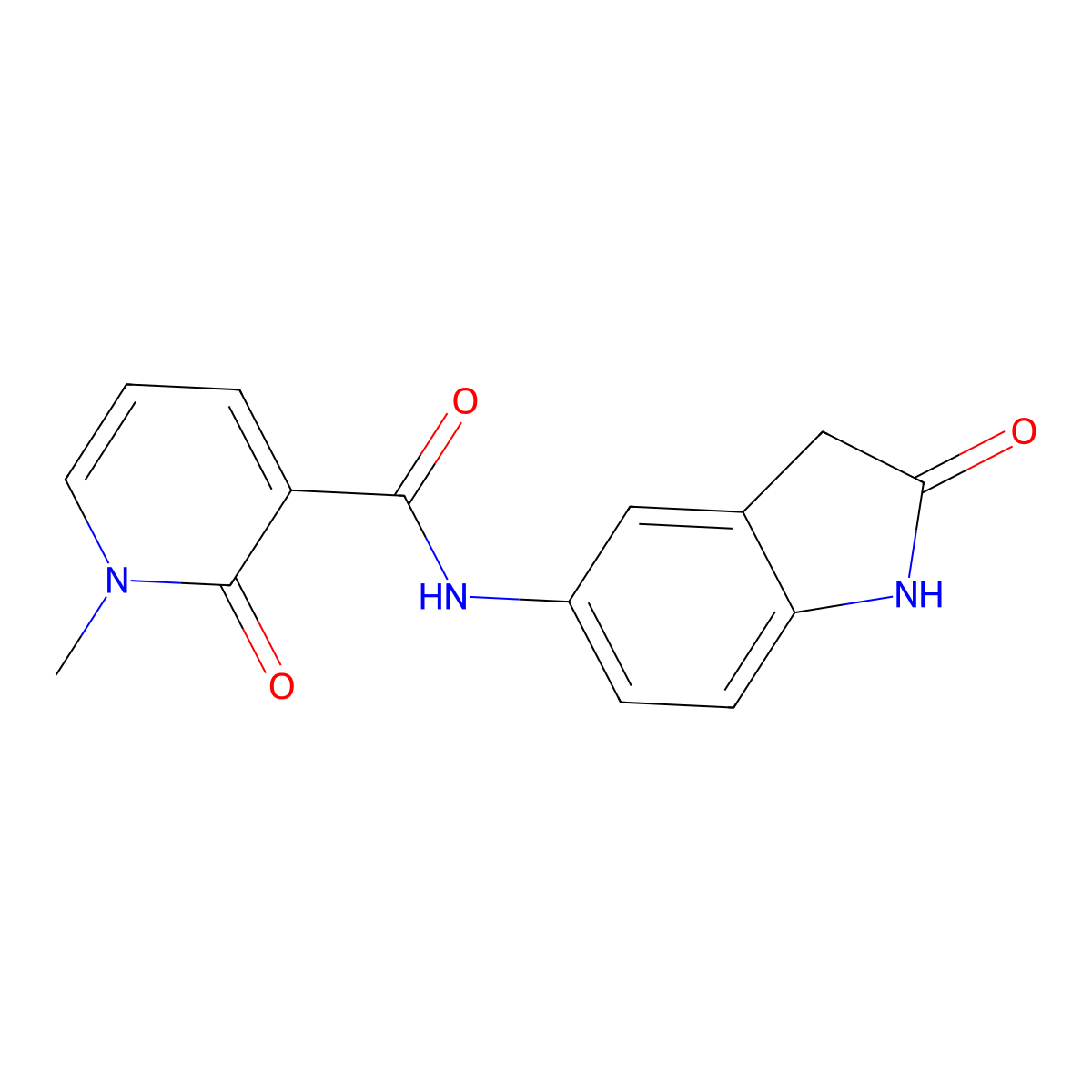 1-methyl-2-oxo-N-(2-oxoindolin-5-yl)-1,2-dihydropyridine-3-carboxamide molecular structure, CAS 1324676-46-1