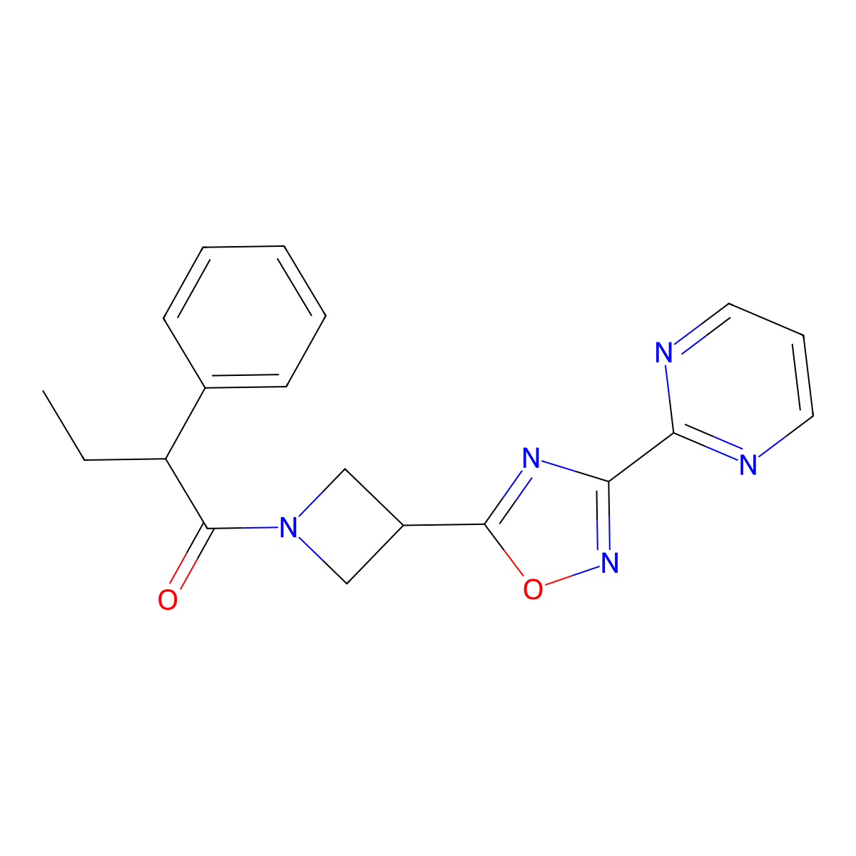 2-Phenyl-1-{3-[3-(pyrimidin-2-yl)-1,2,4-oxadiazol-5-yl]azetidin-1-yl}butan-1-one molecular structure, CAS 1324678-74-1