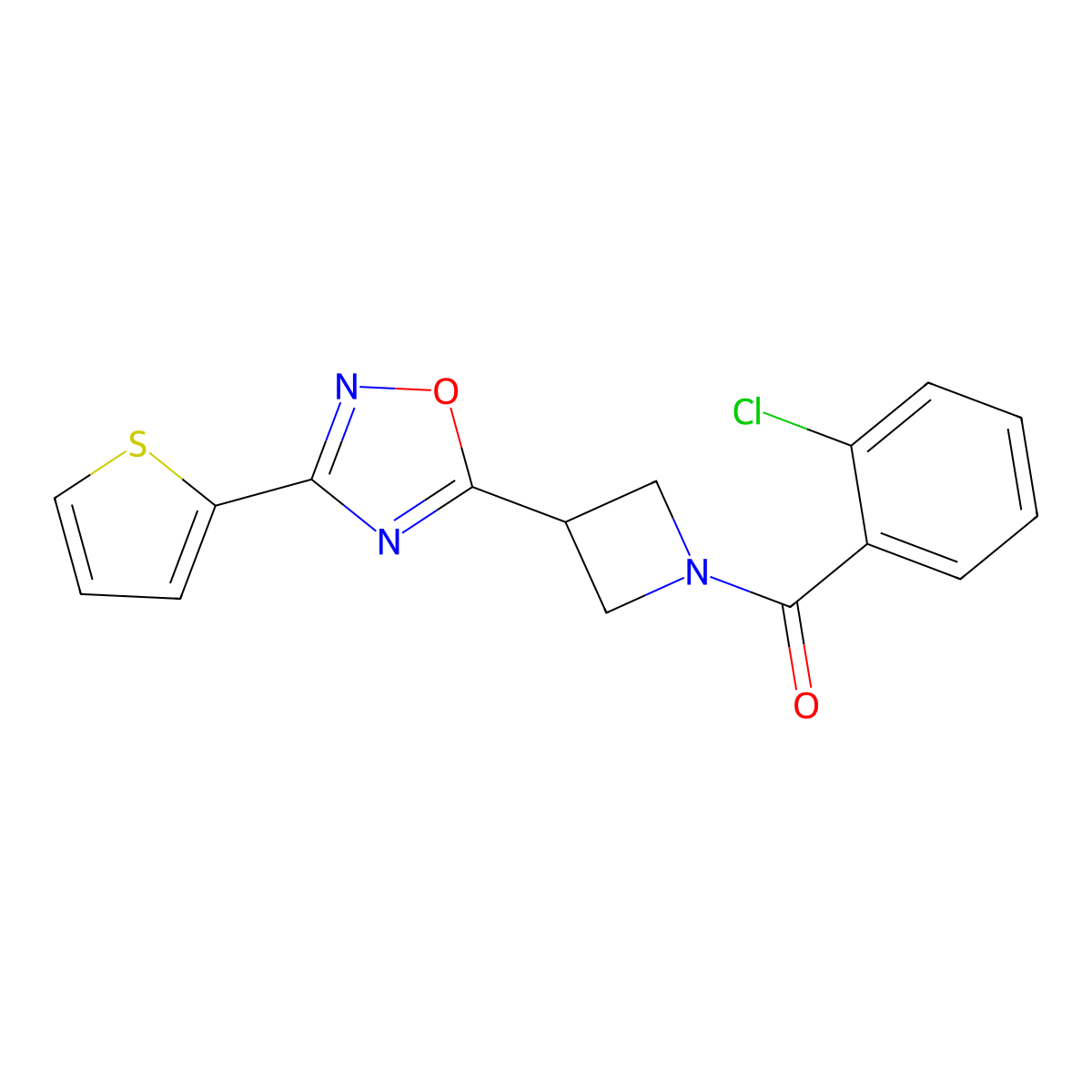 (2-Chlorophenyl)(3-(3-(thiophen-2-yl)-1,2,4-oxadiazol-5-yl)azetidin-1-yl)methanone molecular structure, CAS 1324679-75-5