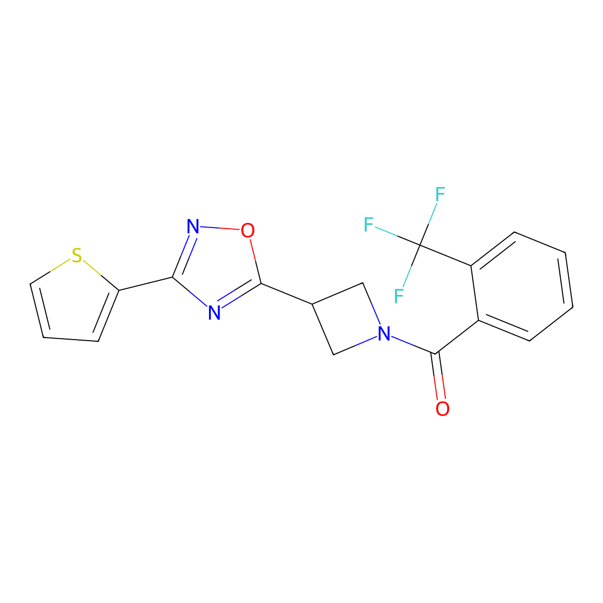 (3-(3-(Thiophen-2-yl)-1,2,4-oxadiazol-5-yl)azetidin-1-yl)(2-(trifluoromethyl)phenyl)methanone molecular structure, CAS 1324679-76-6