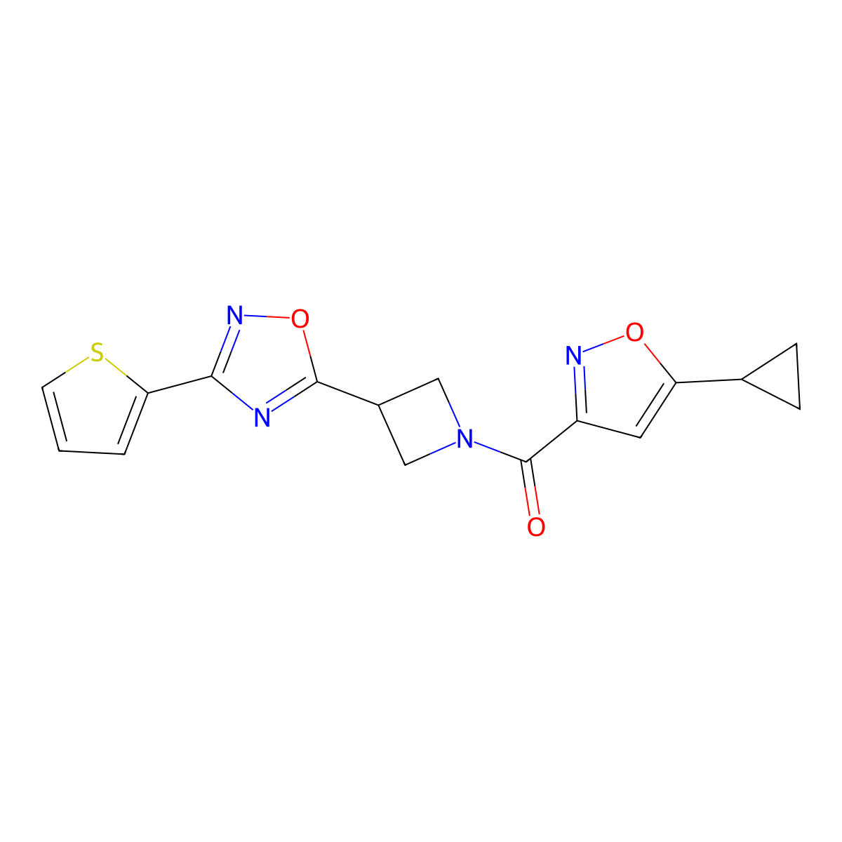 (5-Cyclopropylisoxazol-3-yl)(3-(3-(thiophen-2-yl)-1,2,4-oxadiazol-5-yl)azetidin-1-yl)methanone molecular structure, CAS 1324679-84-6