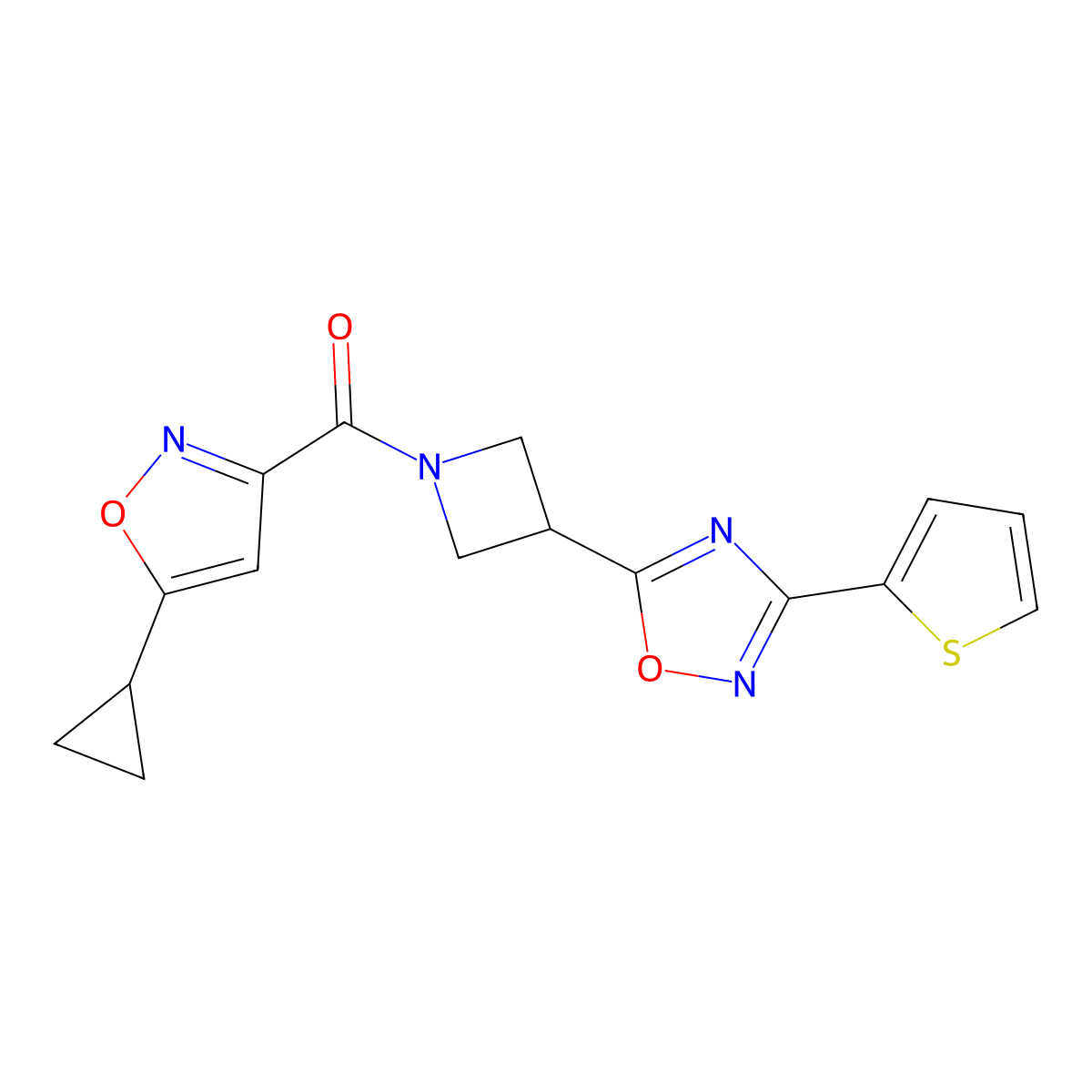 (5-Cyclopropylisoxazol-3-yl)(3-(3-(thiophen-2-yl)-1,2,4-oxadiazol-5-yl)azetidin-1-yl)methanone molecular structure, CAS 1324679-84-6
