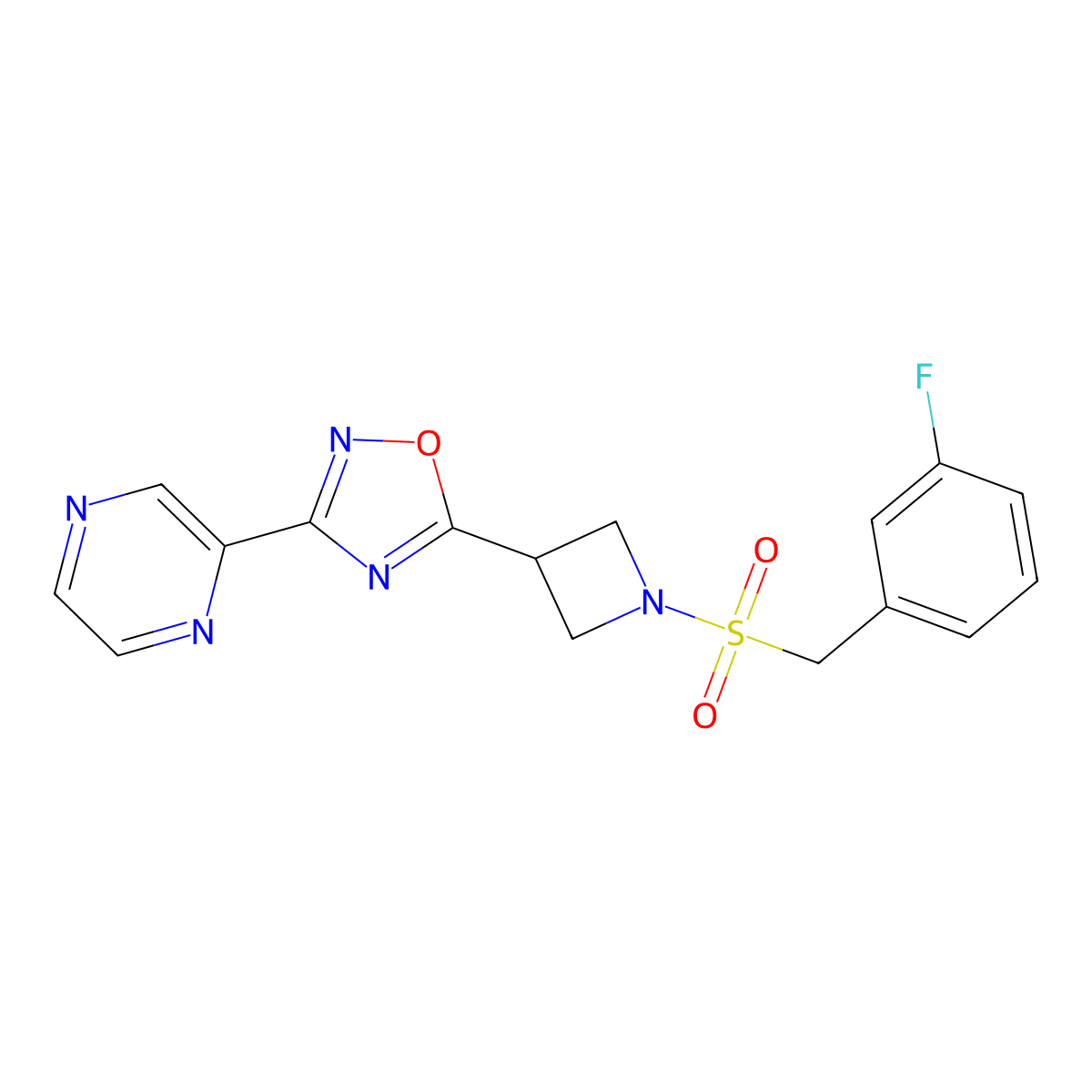 5-(1-((3-Fluorobenzyl)sulfonyl)azetidin-3-yl)-3-(pyrazin-2-yl)-1,2,4-oxadiazole molecular structure, CAS 1324680-02-5
