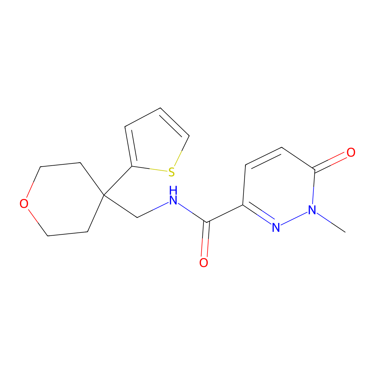 1-methyl-6-oxo-N-((4-(thiophen-2-yl)tetrahydro-2H-pyran-4-yl)methyl)-1,6-dihydropyridazine-3-carboxamide molecular structure, CAS 1324691-20-4