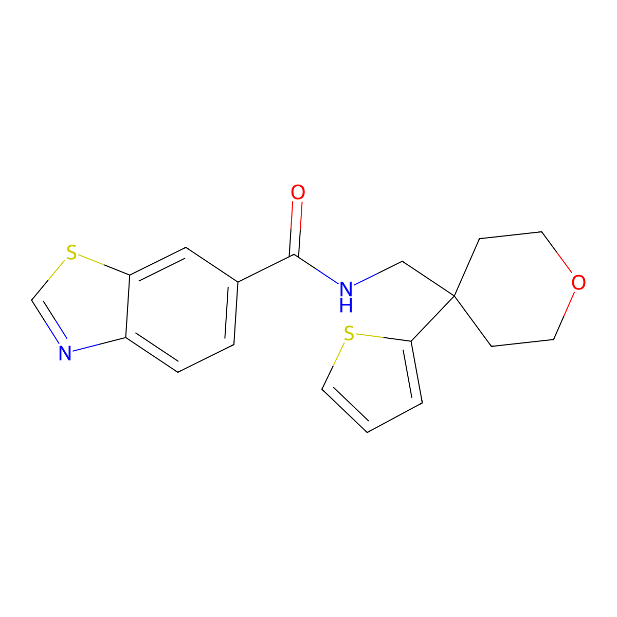 N-((4-(thiophen-2-yl)tetrahydro-2H-pyran-4-yl)methyl)benzo[d]thiazole-6-carboxamide molecular structure, CAS 1324691-22-6