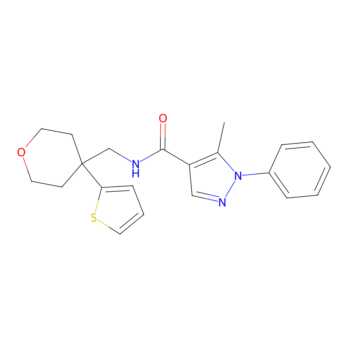 5-methyl-1-phenyl-N-{[4-(thiophen-2-yl)oxan-4-yl]methyl}-1H-pyrazole-4-carboxamide molecular structure, CAS 1324706-90-2