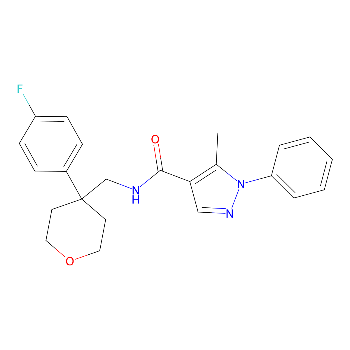 N-((4-(4-fluorophenyl)tetrahydro-2H-pyran-4-yl)methyl)-5-methyl-1-phenyl-1H-pyrazole-4-carboxamide molecular structure, CAS 1324707-01-8