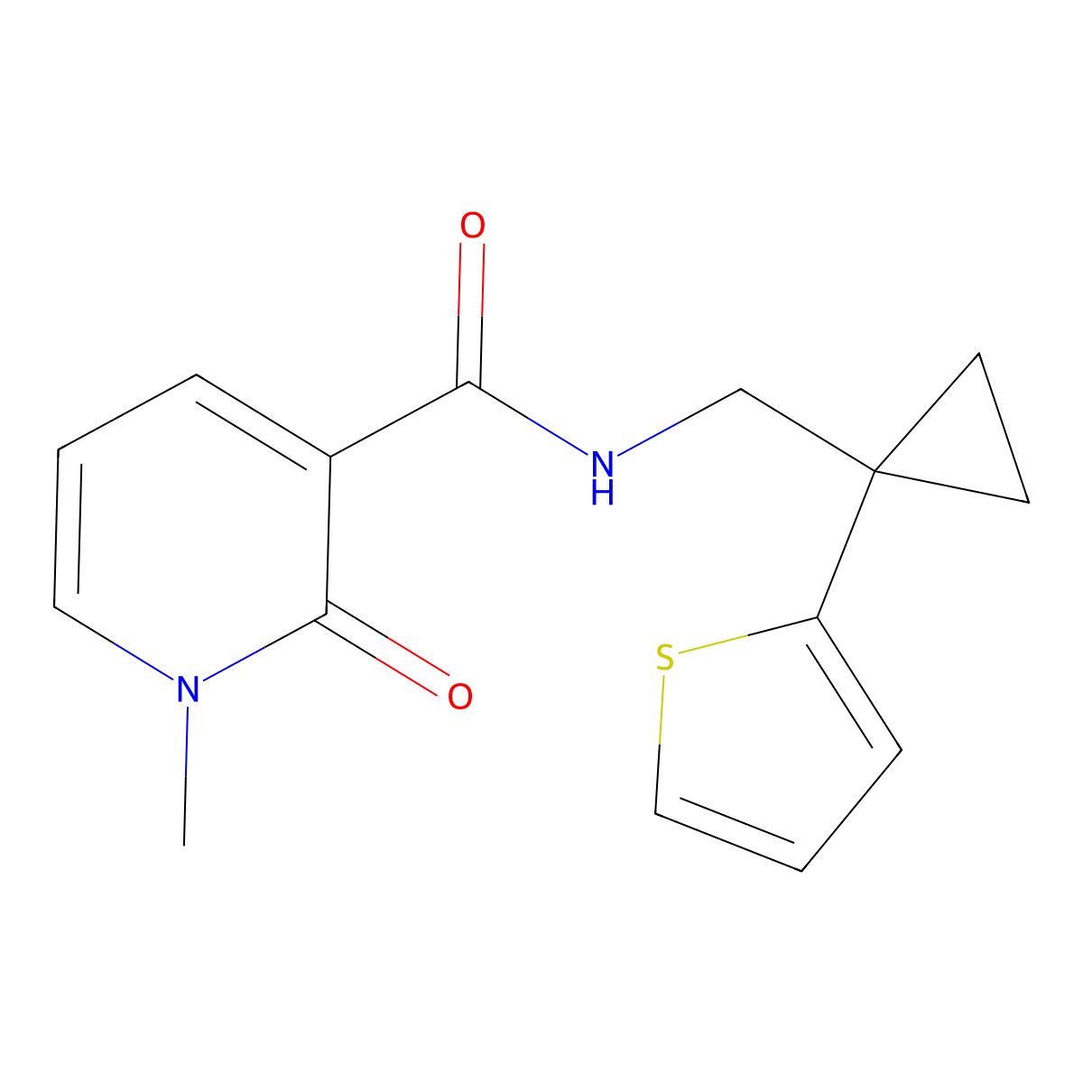 1-methyl-2-oxo-N-((1-(thiophen-2-yl)cyclopropyl)methyl)-1,2-dihydropyridine-3-carboxamide molecular structure, CAS 1324707-18-7