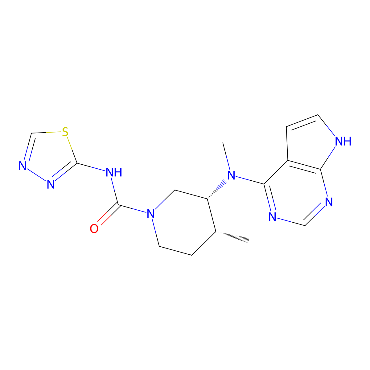 (3R,4R)-4-Methyl-3-(methyl(7H-pyrrolo[2,3-d]pyrimidin-4-yl)amino)-N-(1,3,4-thiadiazol-2-yl)piperidine-1-carboxamide molecular structure, CAS 1325181-96-1