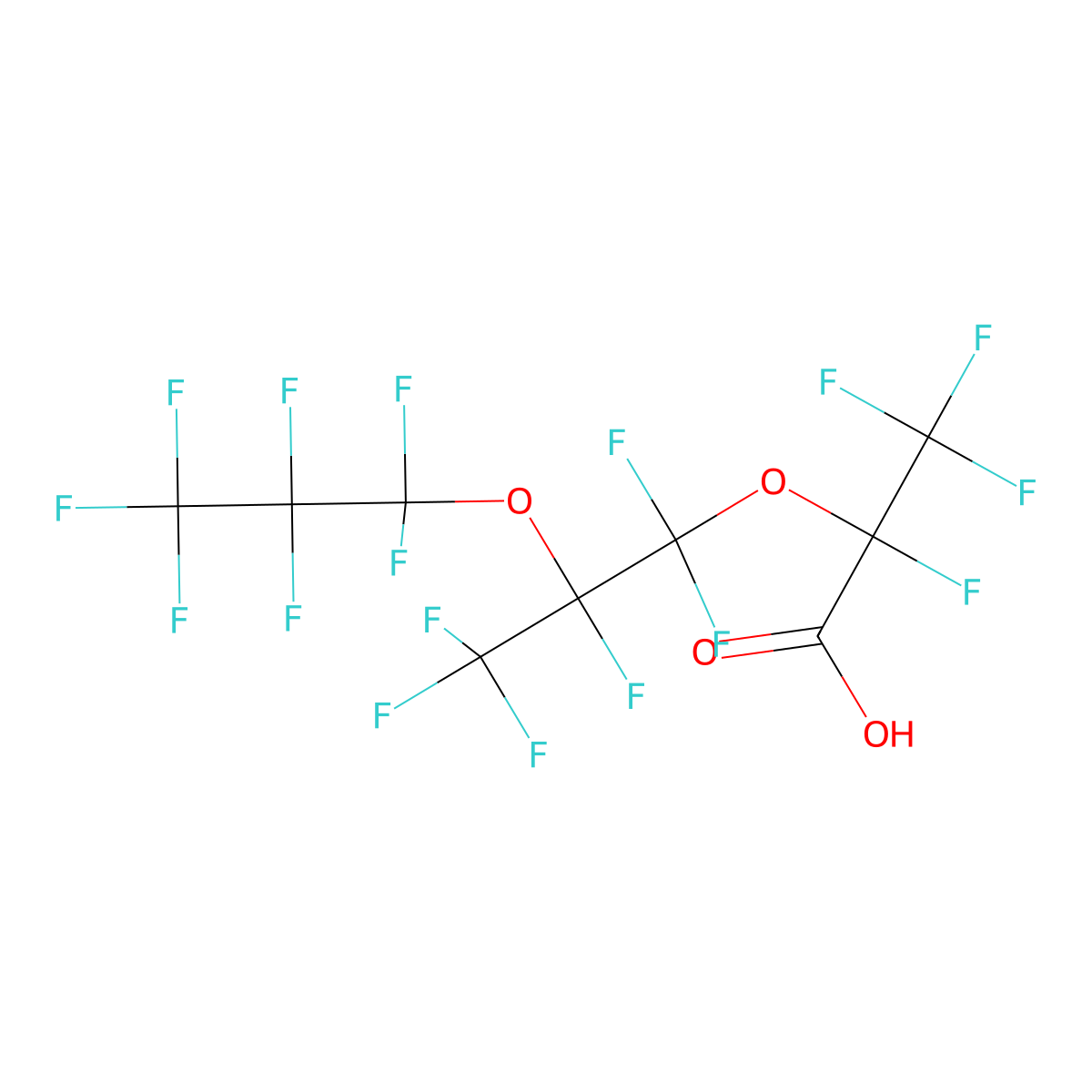 2,3,3,3-Tetrafluoro-2-(1,1,2,3,3,3-hexafluoro-2-(1,1,2,2,3,3,3-heptafluoropropoxy)propoxy)propanoic acid molecular structure, CAS 13252-14-7