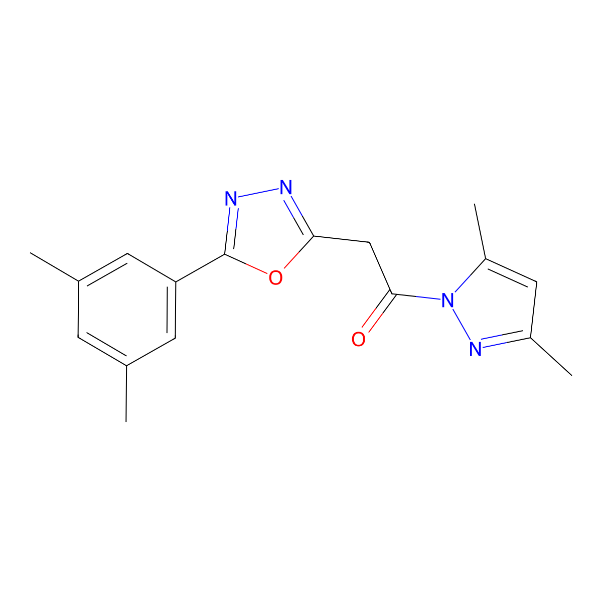 2-[5-(3,5-dimethylphenyl)-1,3,4-oxadiazol-2-yl]-1-(3,5-dimethyl-1H-pyrazol-1-yl)ethanone molecular structure, CAS 1325304-39-9