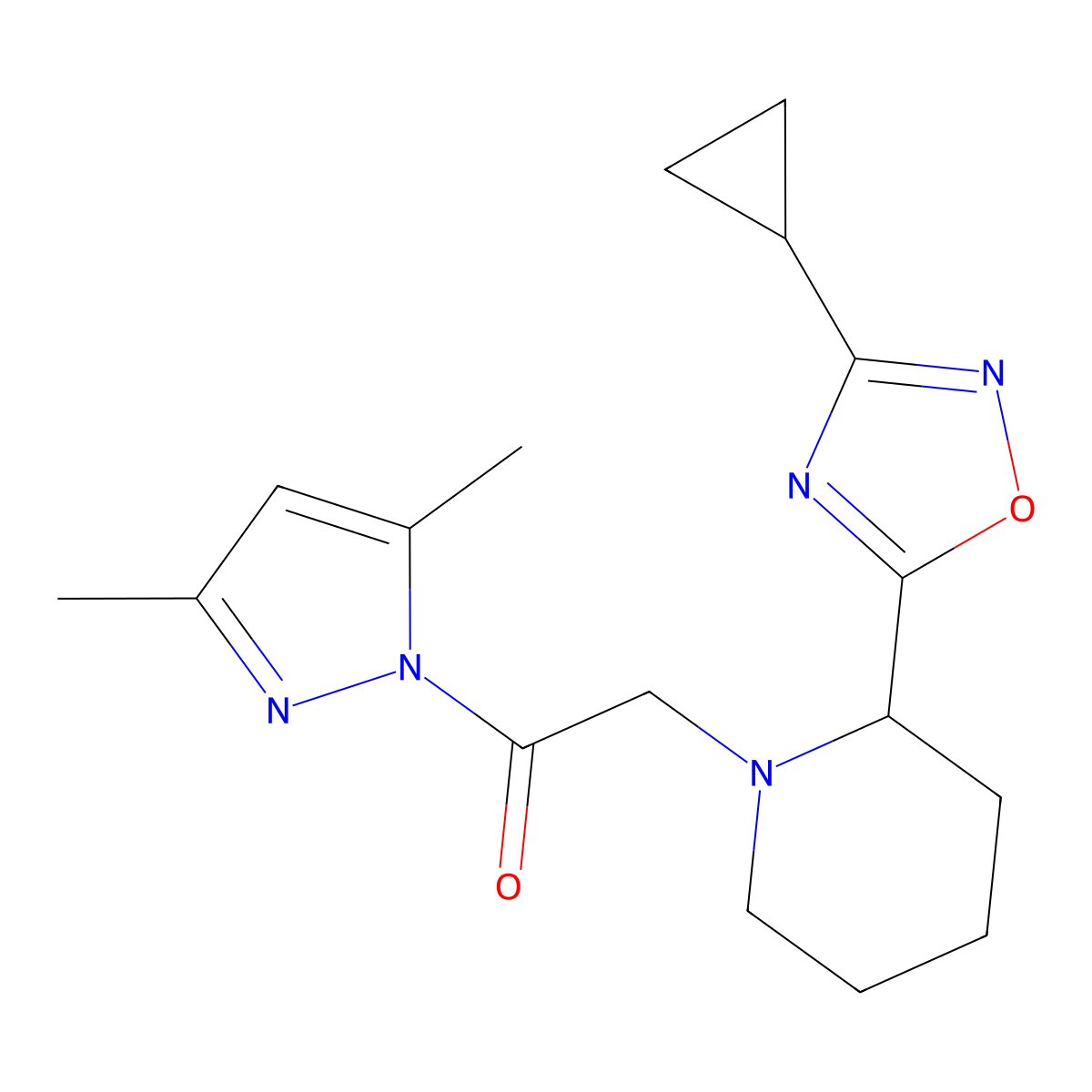 2-(3-cyclopropyl-1,2,4-oxadiazol-5-yl)-1-[2-(3,5-dimethyl-1H-pyrazol-1-yl)-2-oxoethyl]piperidine molecular structure, CAS 1325305-97-2