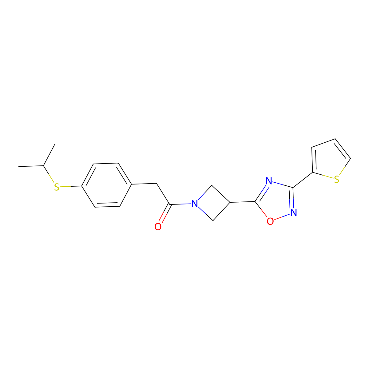 2-[4-(Propan-2-ylsulfanyl)phenyl]-1-{3-[3-(thiophen-2-yl)-1,2,4-oxadiazol-5-yl]azetidin-1-yl}ethan-1-one molecular structure, CAS 1325686-96-1