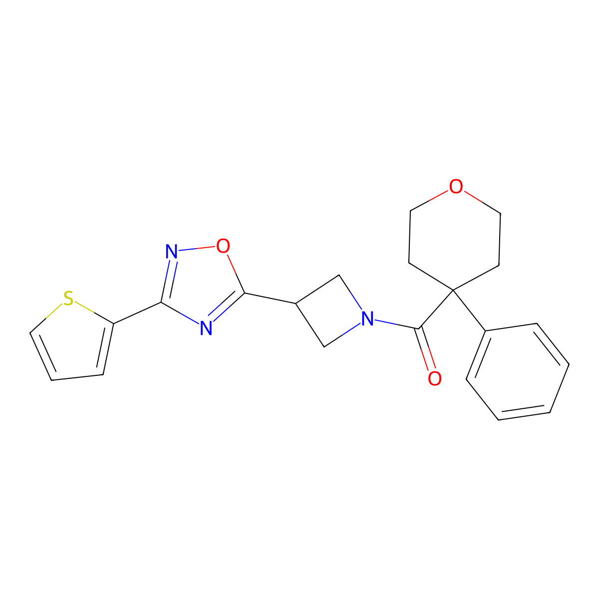 (4-phenyltetrahydro-2H-pyran-4-yl)(3-(3-(thiophen-2-yl)-1,2,4-oxadiazol-5-yl)azetidin-1-yl)methanone molecular structure, CAS 1325687-02-2