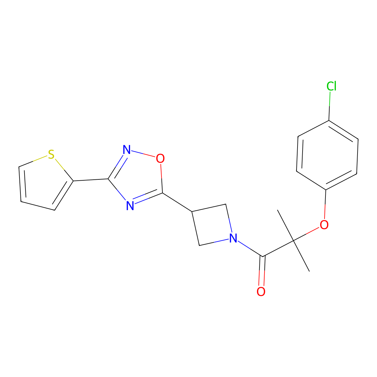2-(4-Chlorophenoxy)-2-methyl-1-(3-(3-(thiophen-2-yl)-1,2,4-oxadiazol-5-yl)azetidin-1-yl)propan-1-one molecular structure, CAS 1325687-24-8