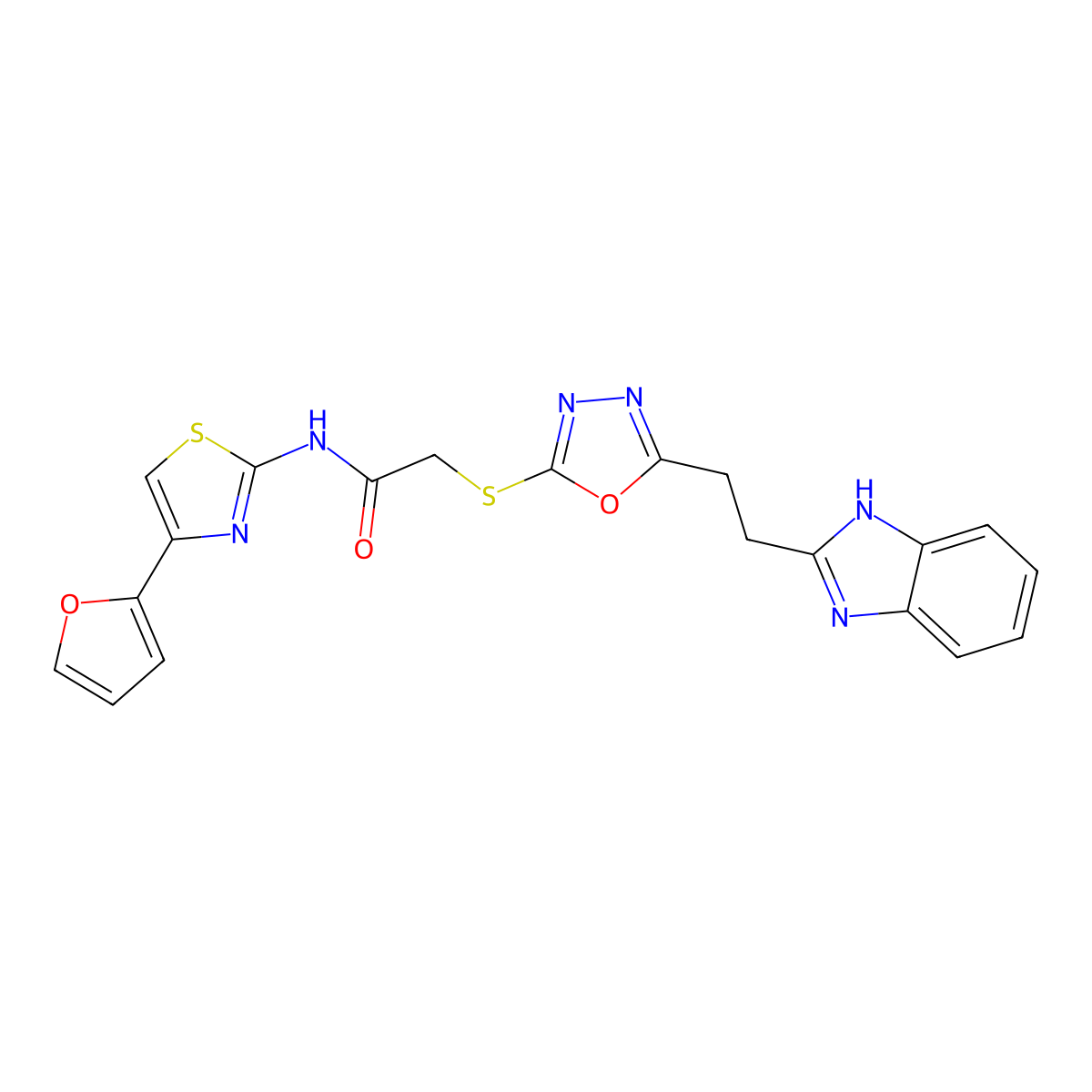 2-((5-(2-(1H-benzo[d]imidazol-2-yl)ethyl)-1,3,4-oxadiazol-2-yl)thio)-N-(4-(furan-2-yl)thiazol-2-yl)acetamide molecular structure, CAS 1325695-55-3