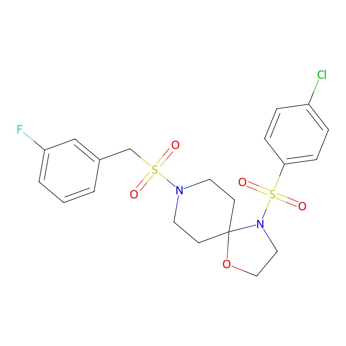 4-((4-Chlorophenyl)sulfonyl)-8-((3-fluorobenzyl)sulfonyl)-1-oxa-4,8-diazaspiro[4.5]decane molecular structure, CAS 1325698-05-2