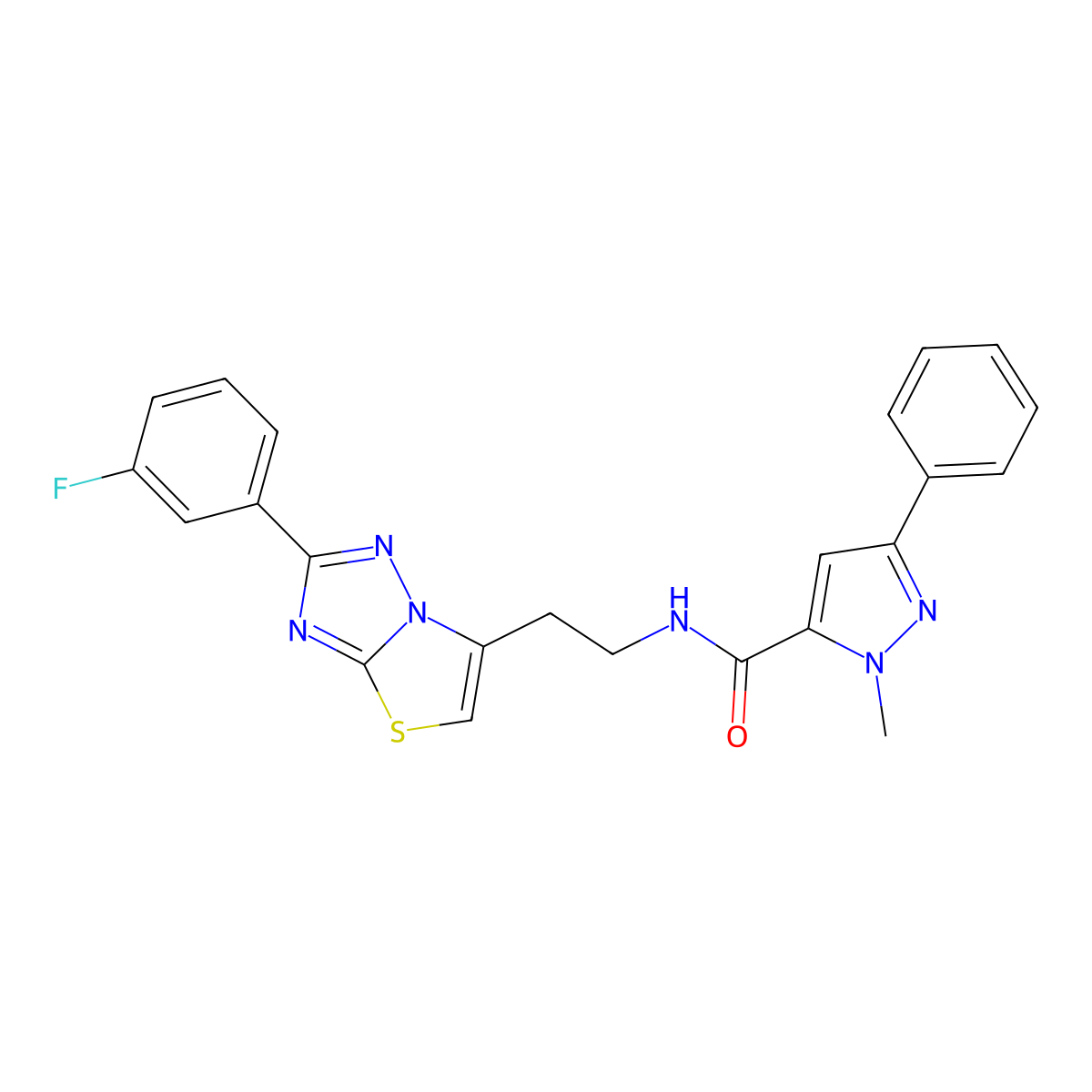 N-(2-(2-(3-fluorophenyl)thiazolo[3,2-b][1,2,4]triazol-6-yl)ethyl)-1-methyl-3-phenyl-1H-pyrazole-5-carboxamide molecular structure, CAS 1325698-88-1